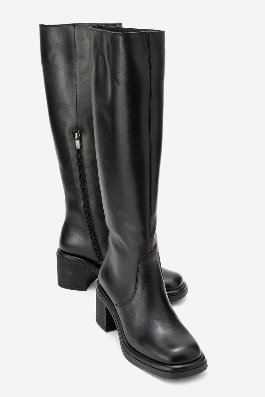 Fros - Black Genuine Leather Block Heel Knee-High Boot