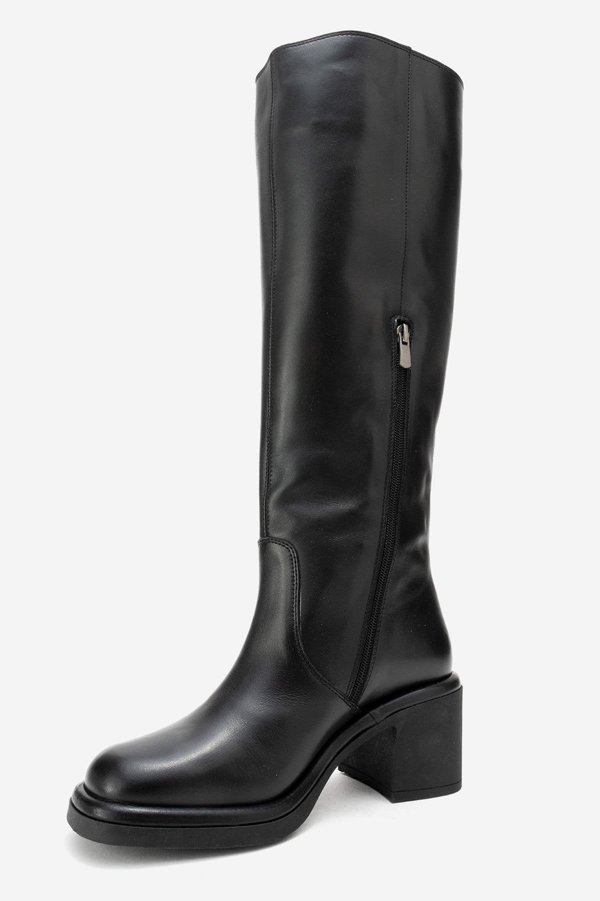 Fros - Black Genuine Leather Block Heel Knee-High Boot – heel view showing leather, black, Vowalisse