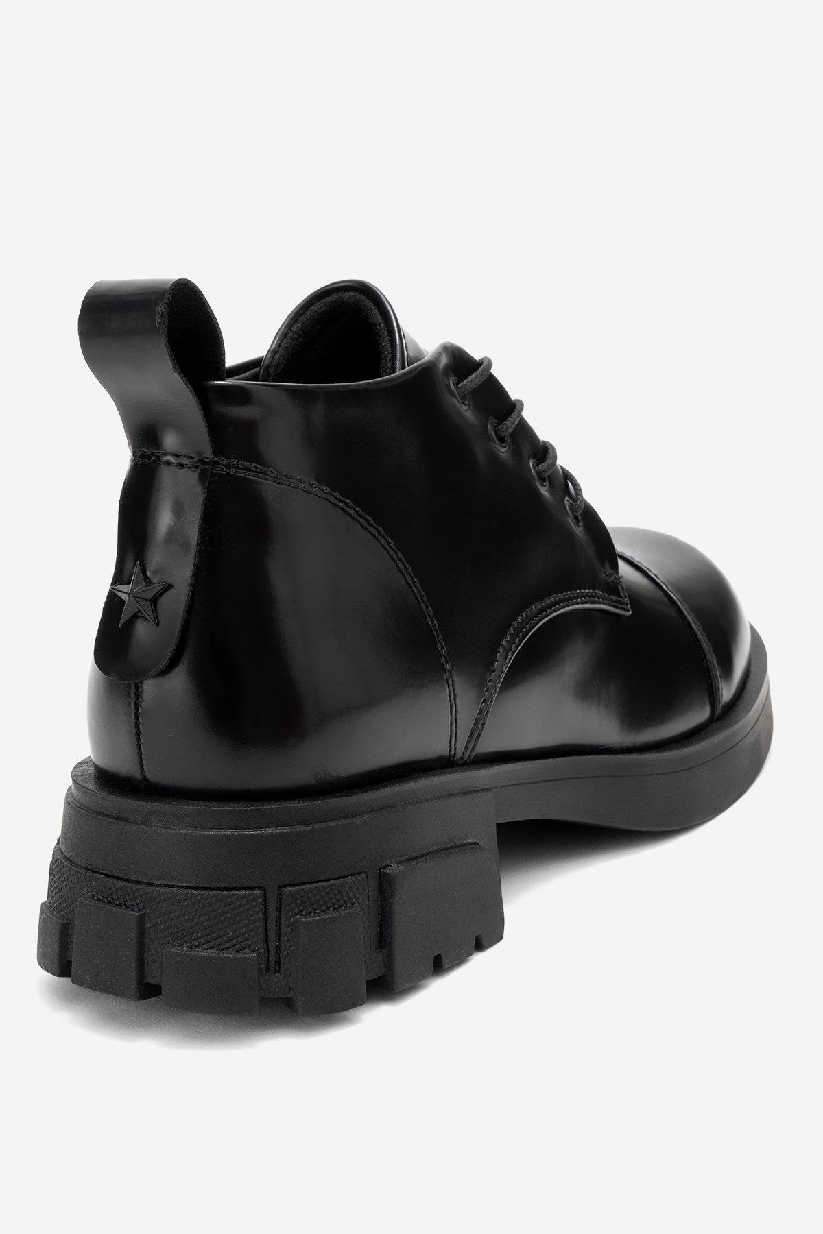 Lagom - Black Ankle Boot – back view showing leather, black, red, Vowalisse