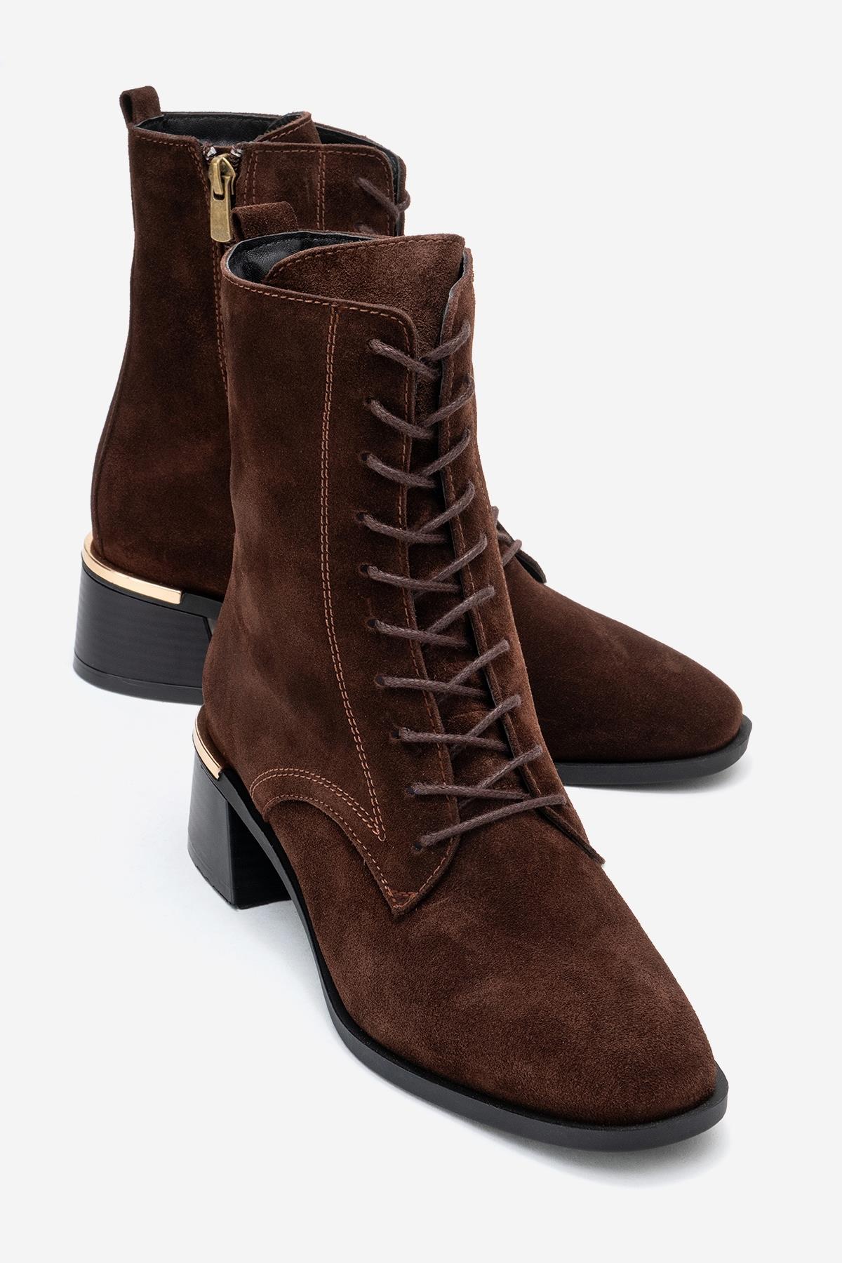 Avia - Brown Suede Genuine Leather Block Heel Ankle Boot – front three-quarter view showing leather, suede, Vowalisse