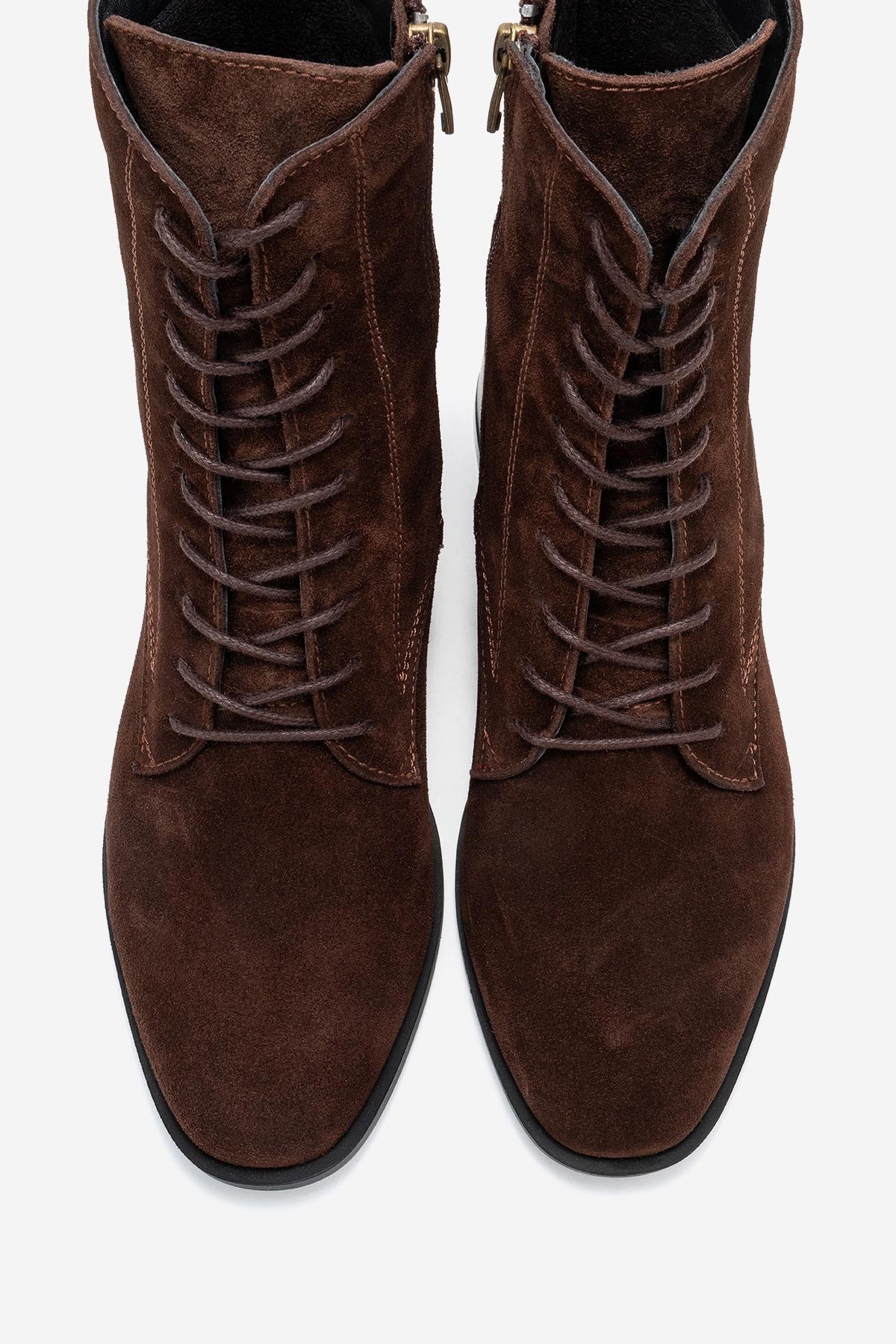 Avia - Brown Suede Genuine Leather Block Heel Ankle Boot – side view showing leather, suede, Vowalisse