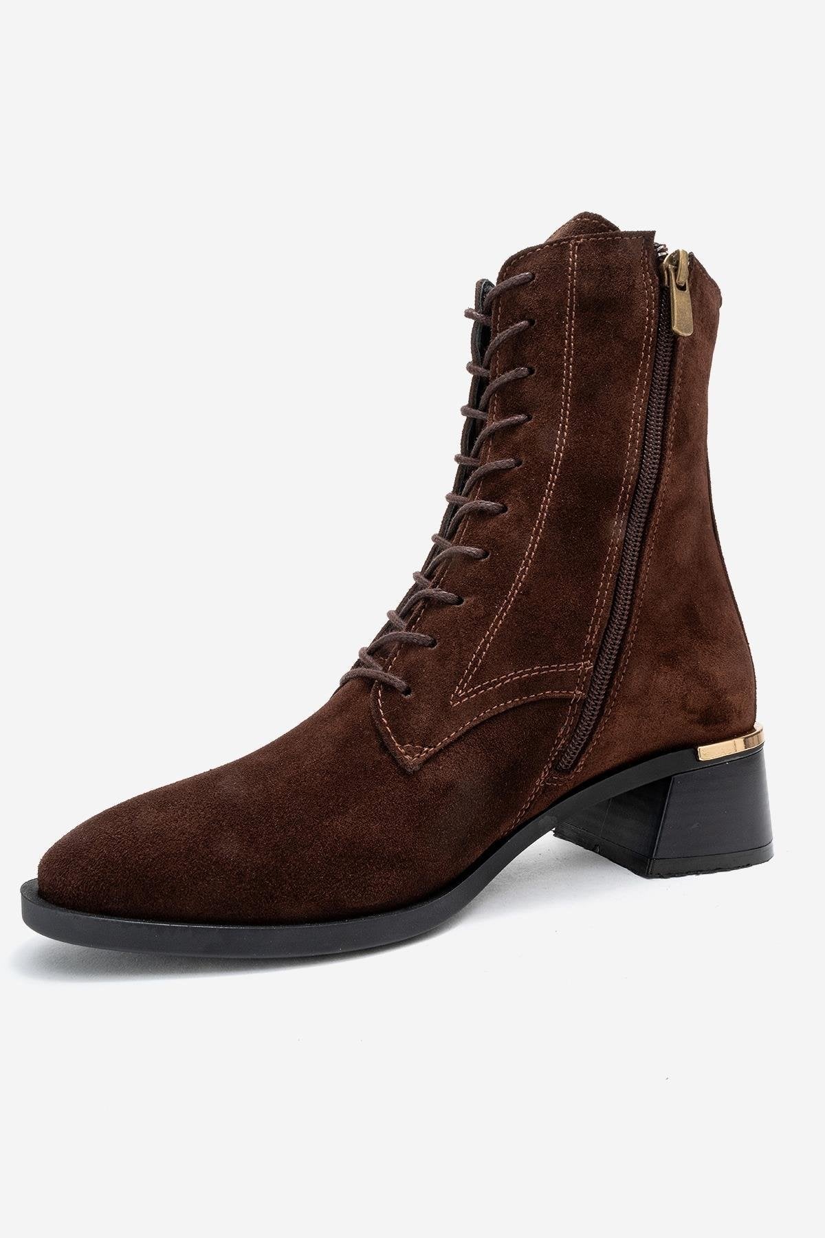 Avia - Brown Suede Genuine Leather Block Heel Ankle Boot – heel view showing leather, suede, Vowalisse