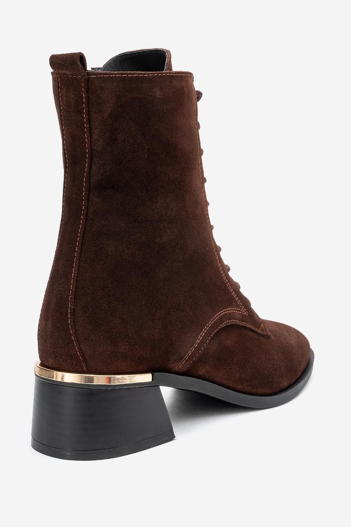 Avia - Brown Suede Genuine Leather Block Heel Ankle Boot – back view showing leather, suede, Vowalisse