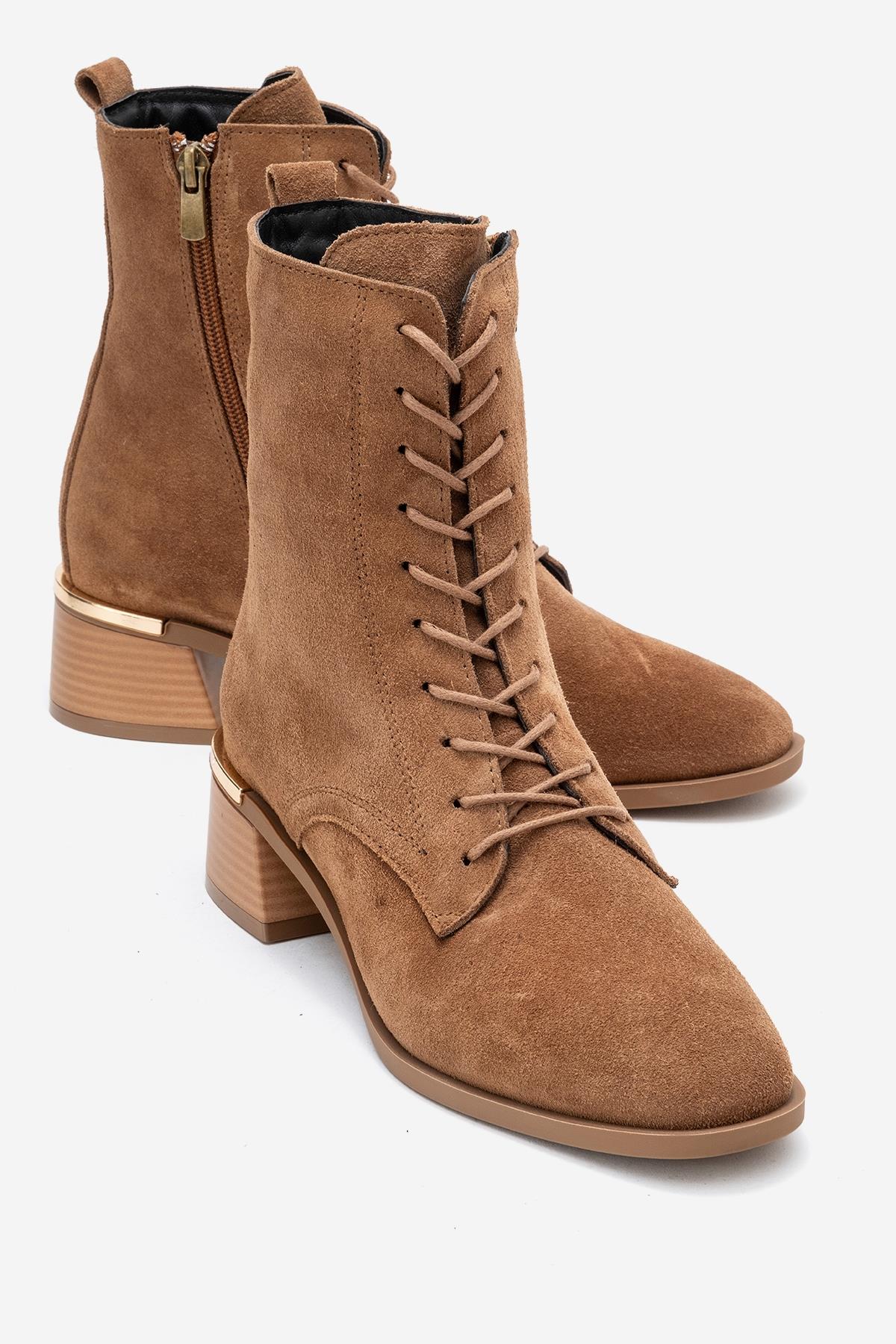 Avia - Taupe Suede Genuine Leather Block Heel Ankle Boot – front three-quarter view showing leather, suede, Vowalisse