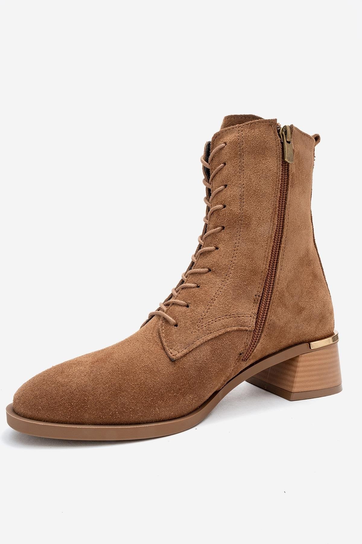 Avia - Taupe Suede Genuine Leather Block Heel Ankle Boot – heel view showing leather, suede, Vowalisse