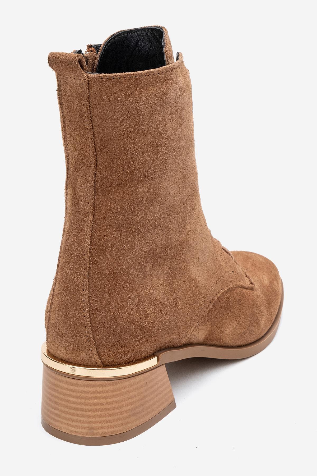 Avia - Taupe Suede Genuine Leather Block Heel Ankle Boot – back view showing leather, suede, Vowalisse