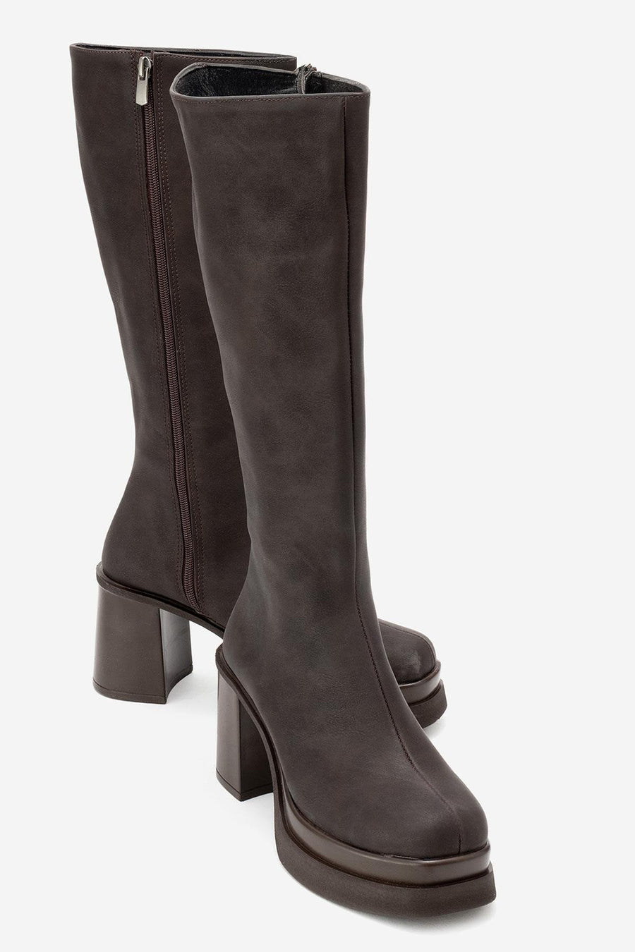 Carm - Brown Nubuck Platform Heel Mid-Calf Boot