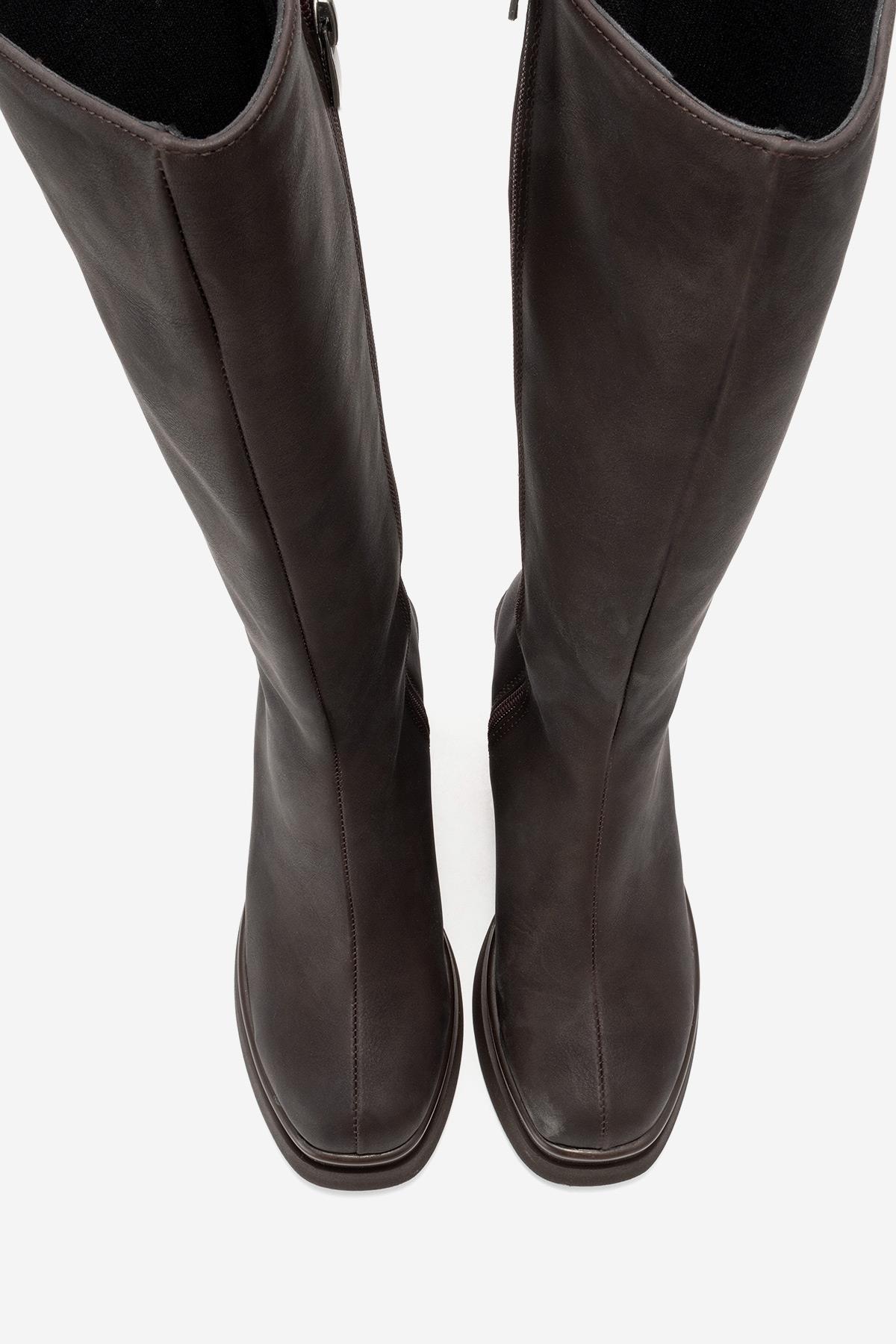 Carm - Brown Nubuck Platform Heel Mid-Calf Boot – side view showing leather, Vowalisse