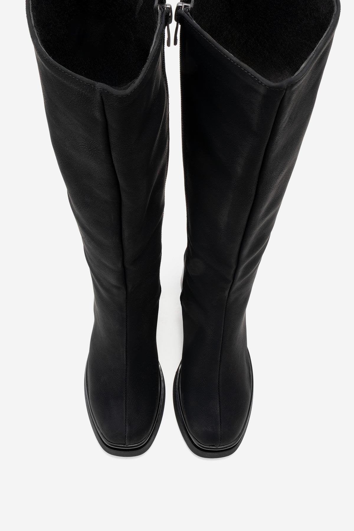 Carm - Black Nubuck Platform Heel Mid-Calf Boot – side view showing leather, black, Vowalisse