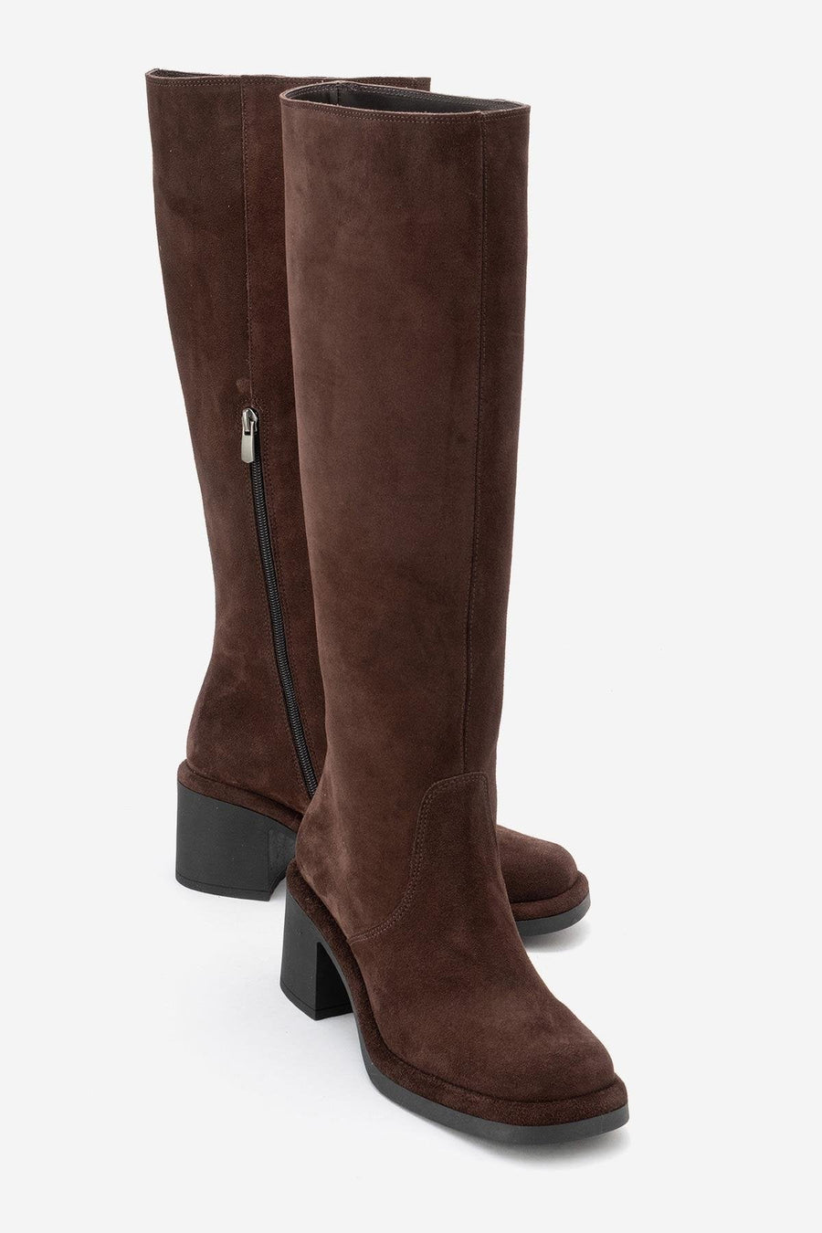 Fros - Brown Genuine Leather Block Heel Knee-High Boot