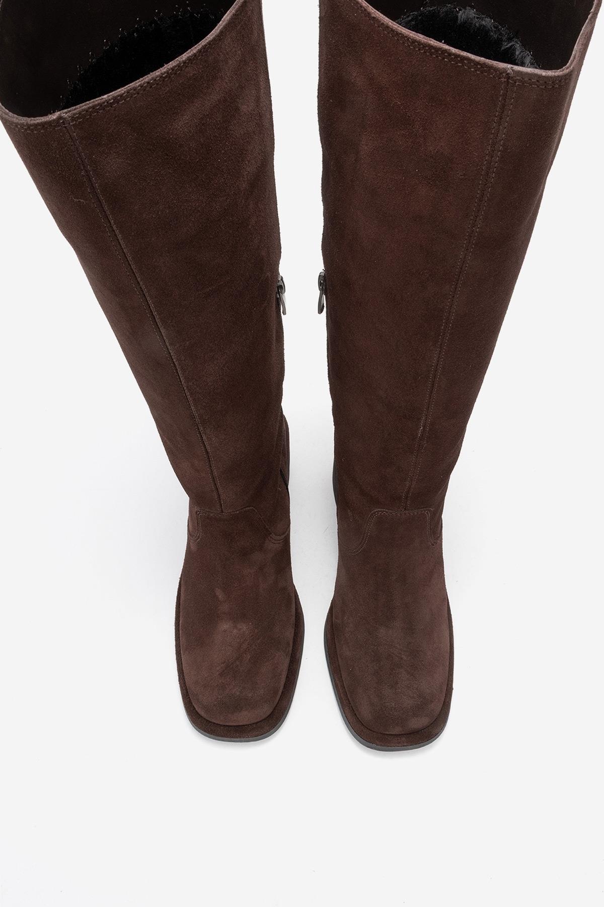 Fros - Brown Genuine Leather Block Heel Knee-High Boot – side view showing leather, suede, Vowalisse
