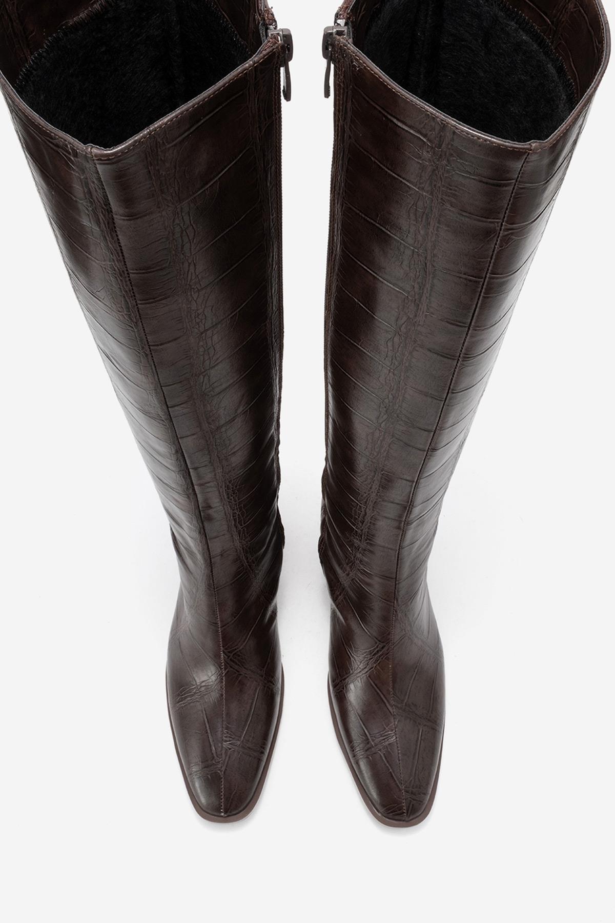 Venia - Brown Block Heel Knee-High Boot – side view showing leather, Vowalisse