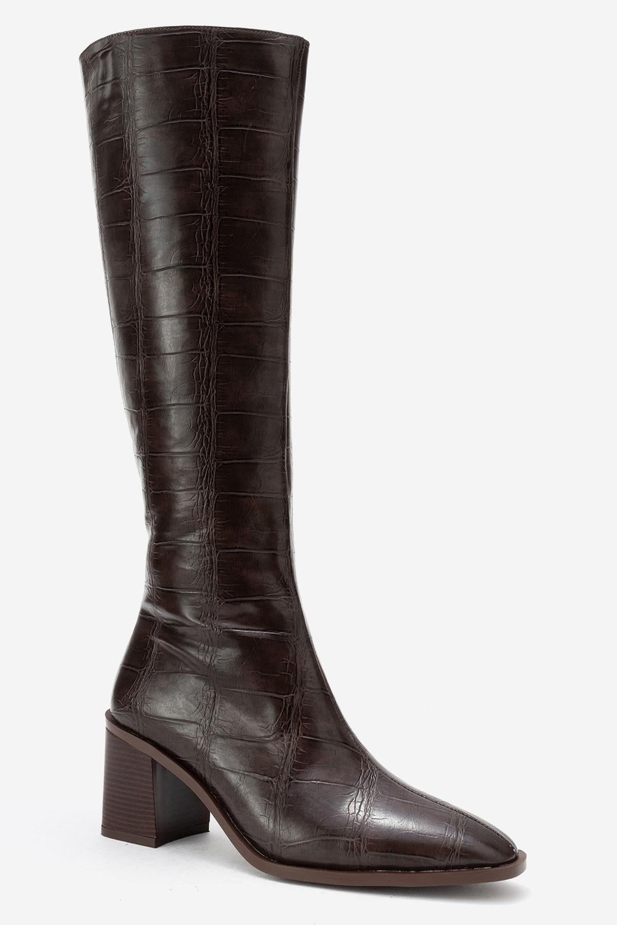 Venia - Brown Block Heel Knee-High Boot – detail view showing leather, Vowalisse