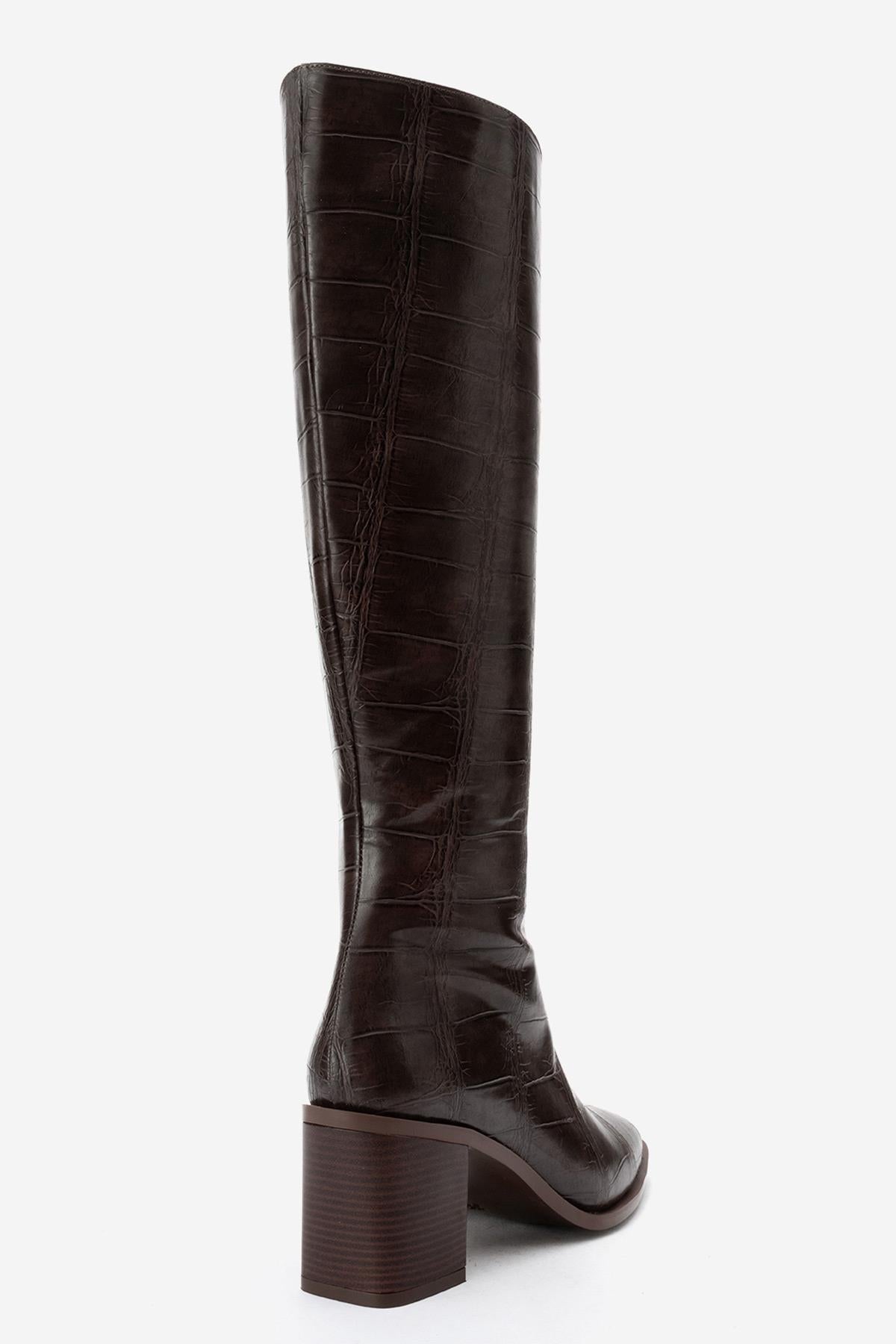 Venia - Brown Block Heel Knee-High Boot – back view showing leather, Vowalisse