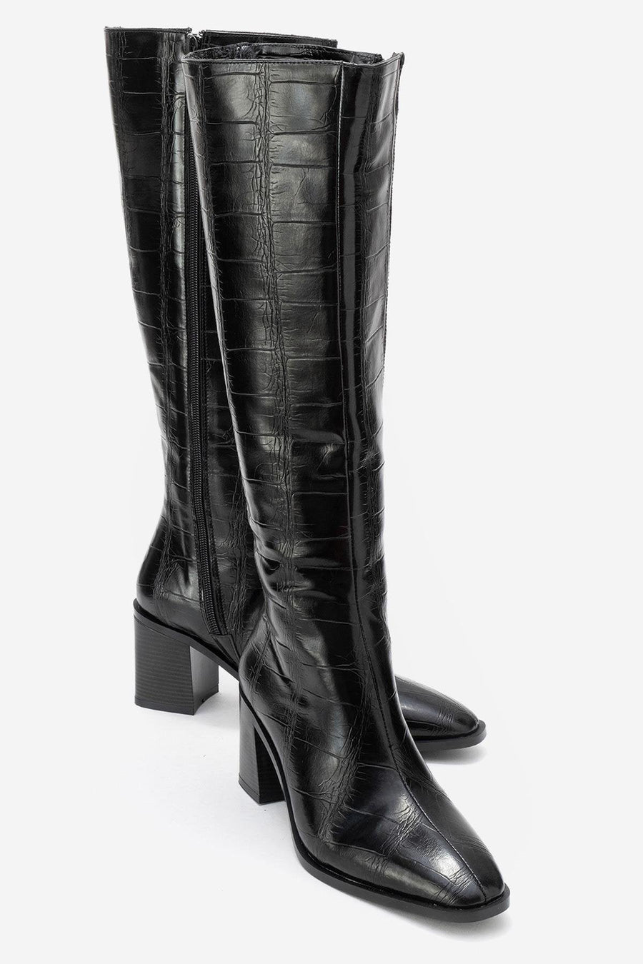 Venia - Black Croco-Effect Knee-High Thick Heel Boot