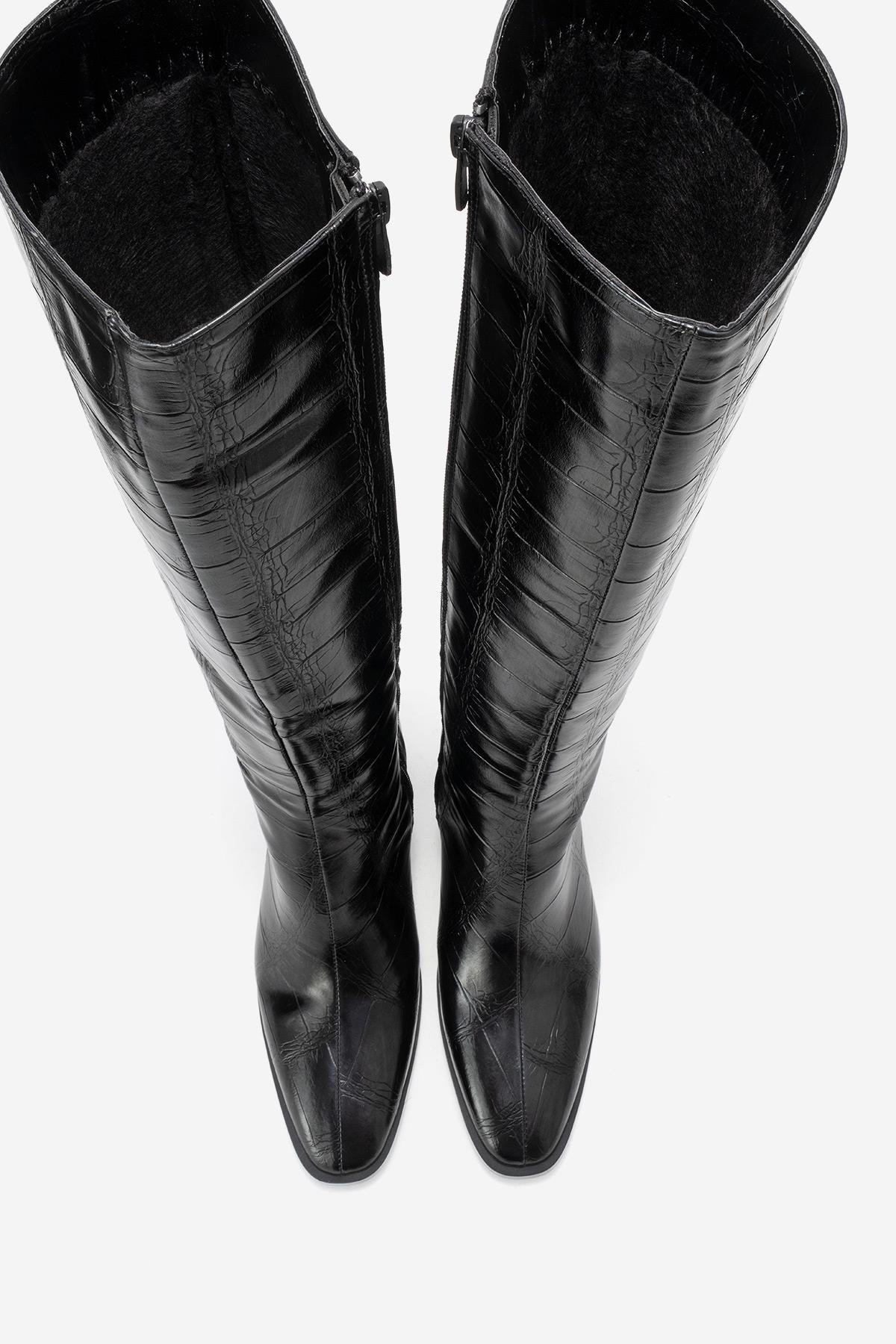 Venia - Black Croco-Effect Knee-High Thick Heel Boot – side view showing leather, black, Vowalisse