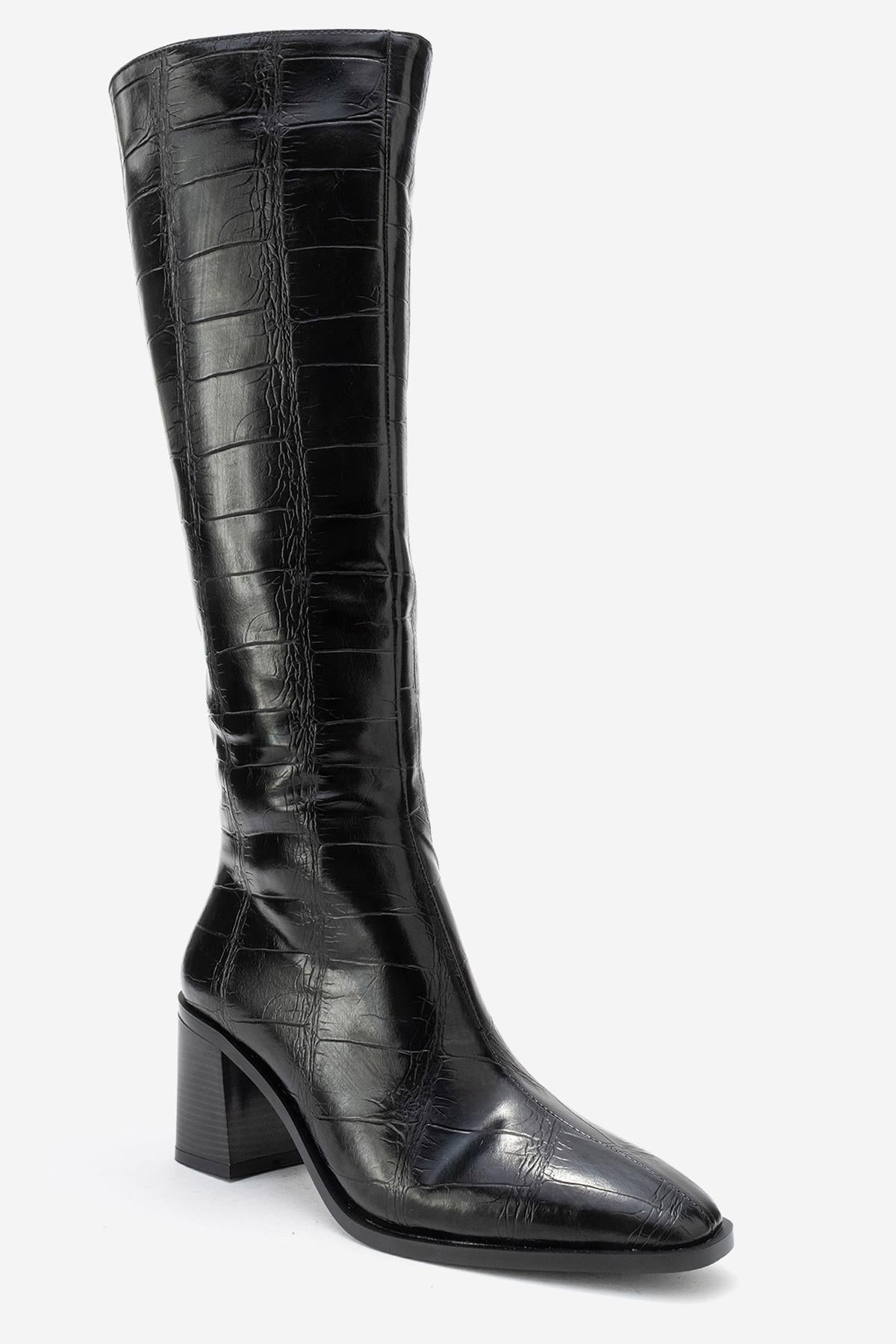Venia - Black Croco-Effect Knee-High Thick Heel Boot – detail view showing leather, black, Vowalisse
