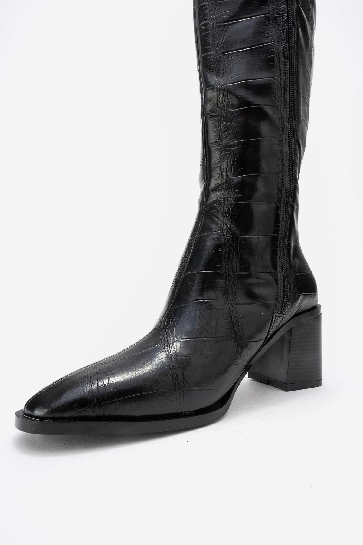 Venia - Black Croco-Effect Knee-High Thick Heel Boot – heel view showing leather, black, Vowalisse