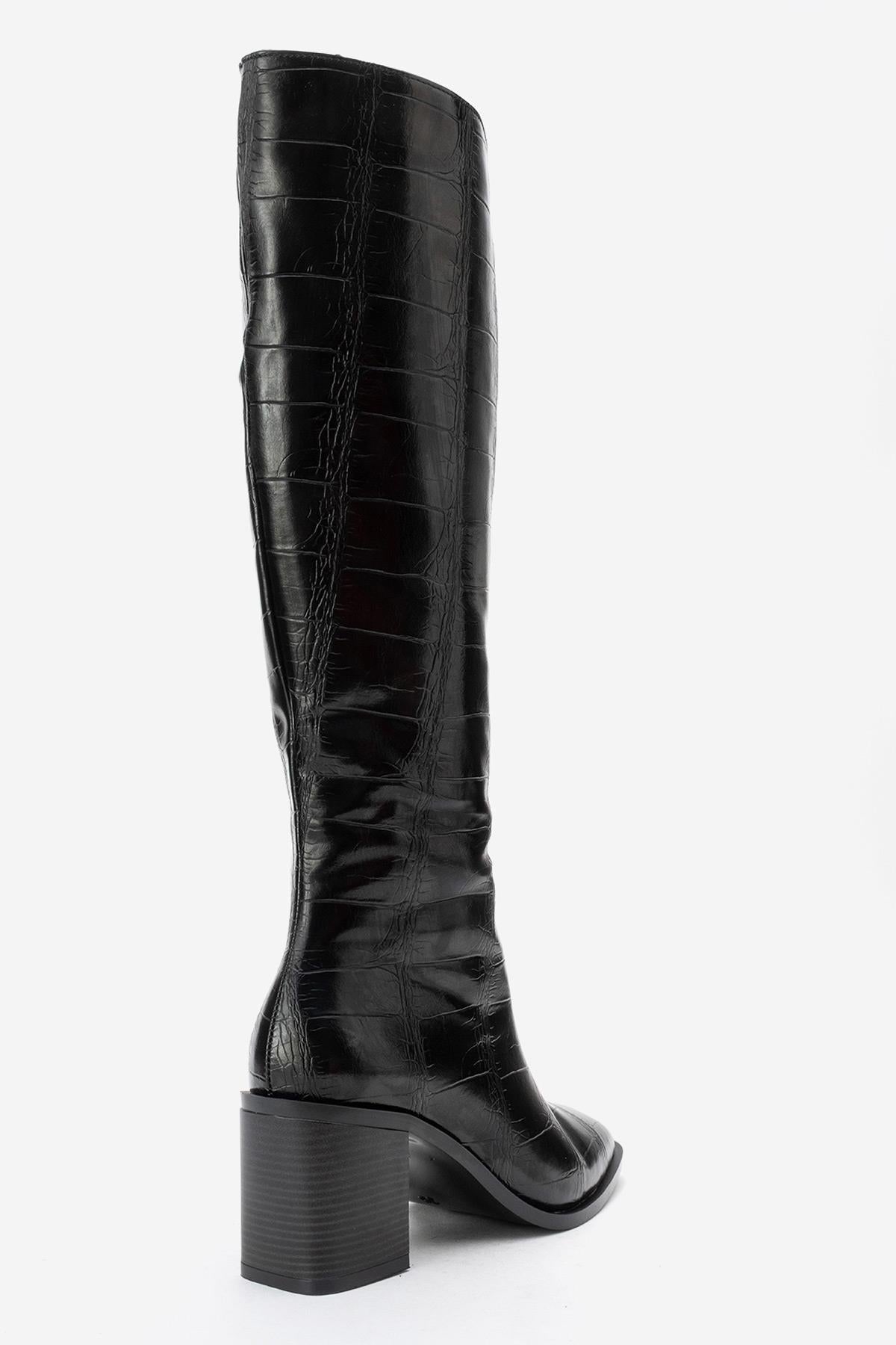 Venia - Black Croco-Effect Knee-High Thick Heel Boot – back view showing leather, black, Vowalisse