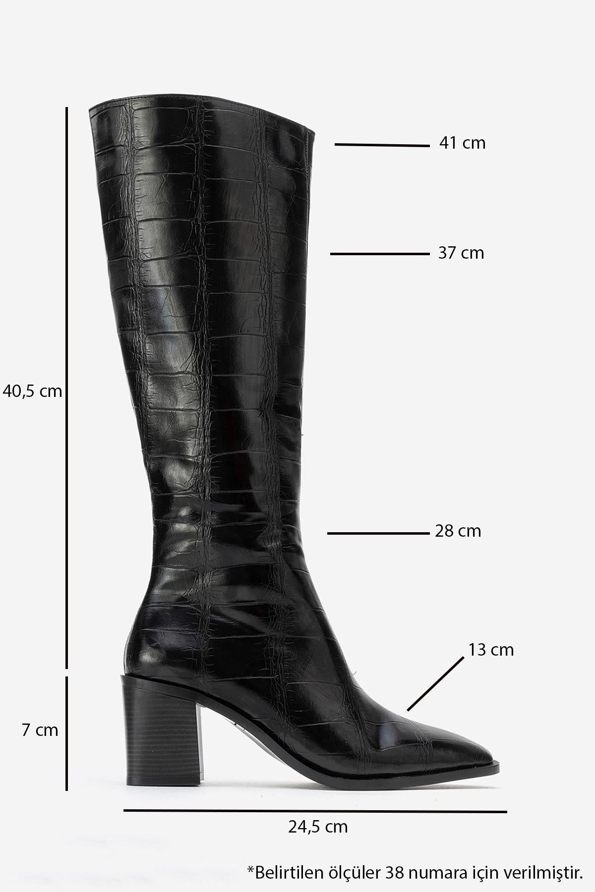 Venia - Black Croco-Effect Knee-High Thick Heel Boot – top view showing leather, black, Vowalisse