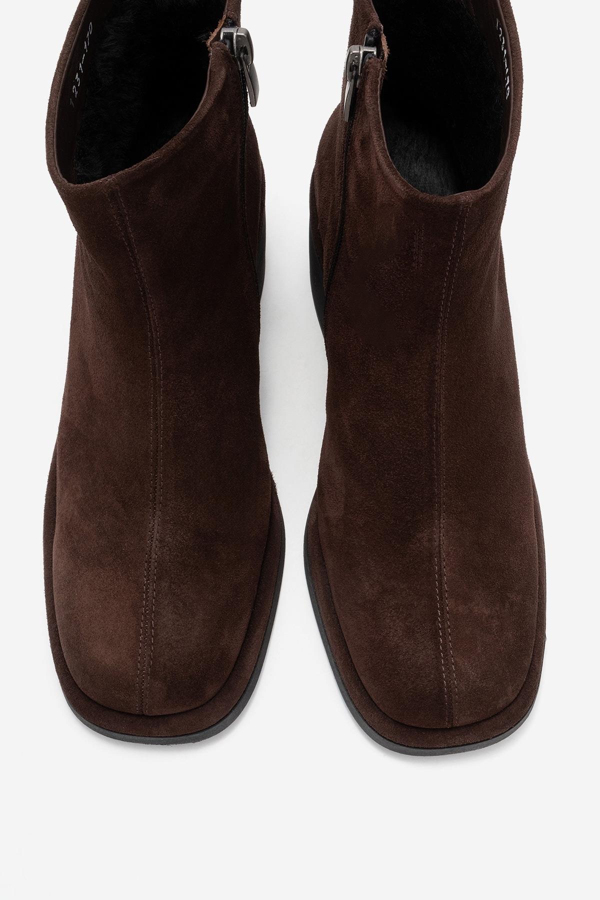 Junae - Brown Genuine Leather Block Heel Ankle Boot – side view showing leather, suede, Vowalisse