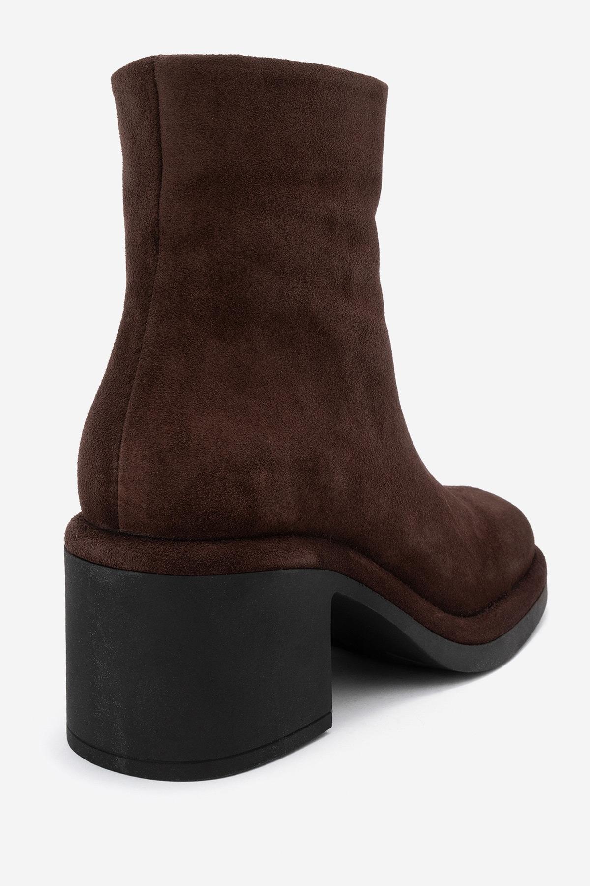 Junae - Brown Genuine Leather Block Heel Ankle Boot – back view showing leather, suede, Vowalisse