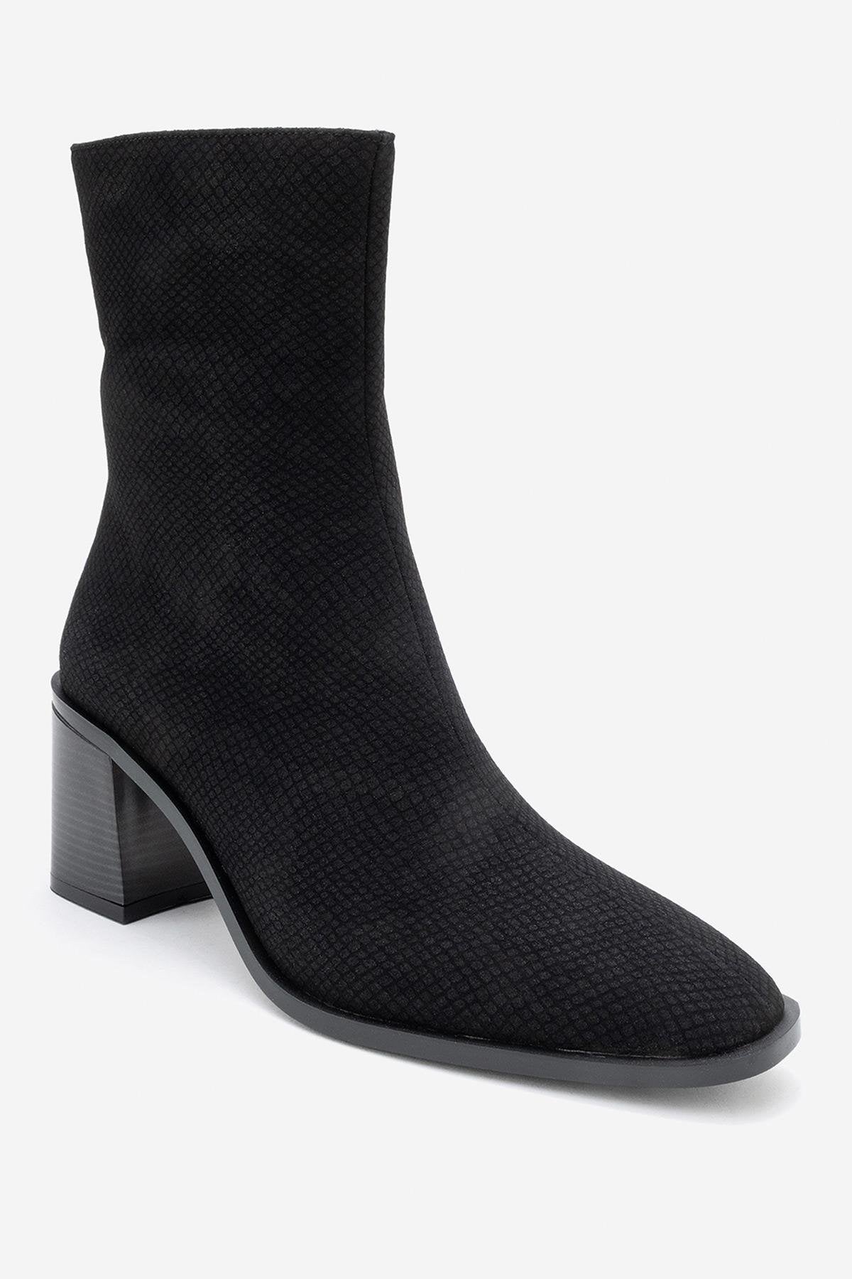 Chara - Black Patterned Block Heel Boot – detail view showing leather, black, red, Vowalisse