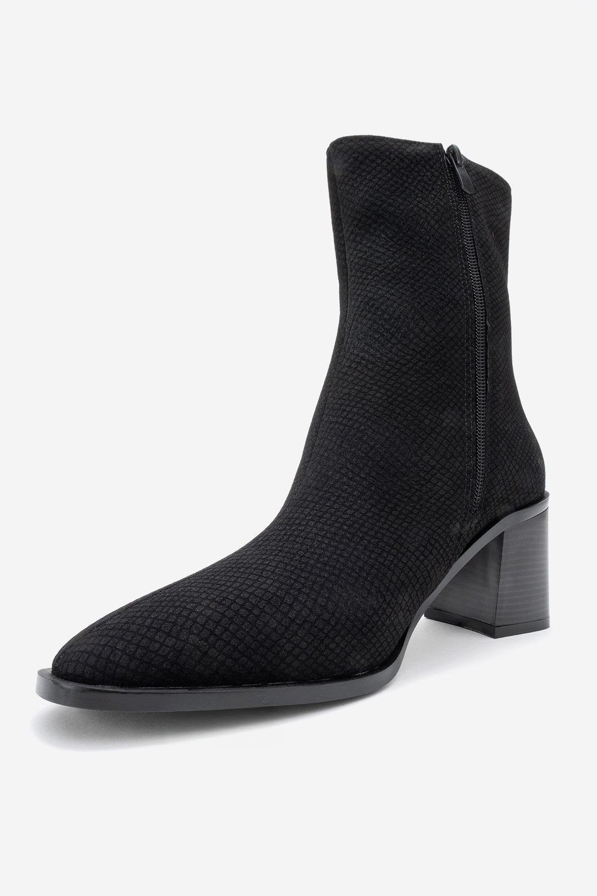 Chara - Black Patterned Block Heel Boot – heel view showing leather, black, red, Vowalisse