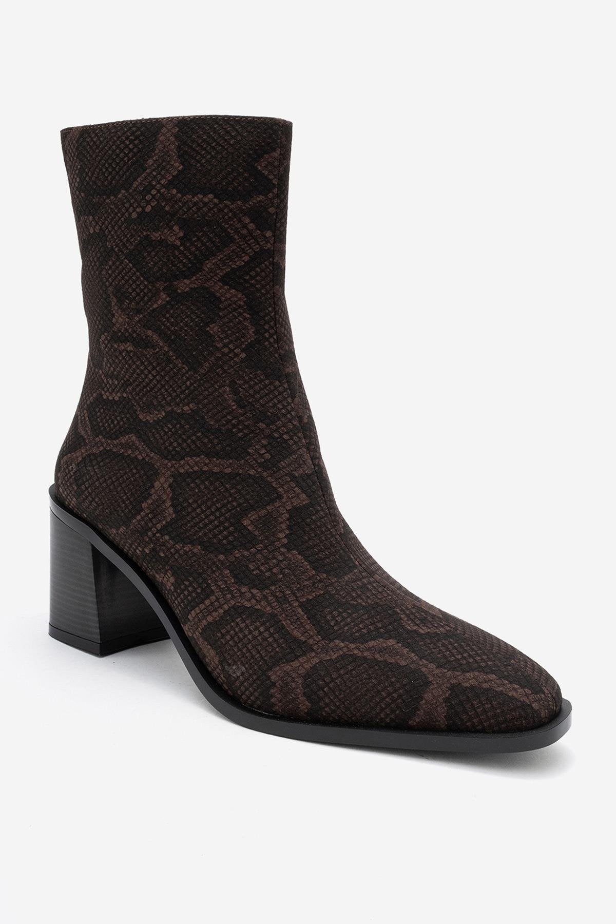 Chara - Brown Patterned Block Heel Boot – detail view showing leather, red, Vowalisse