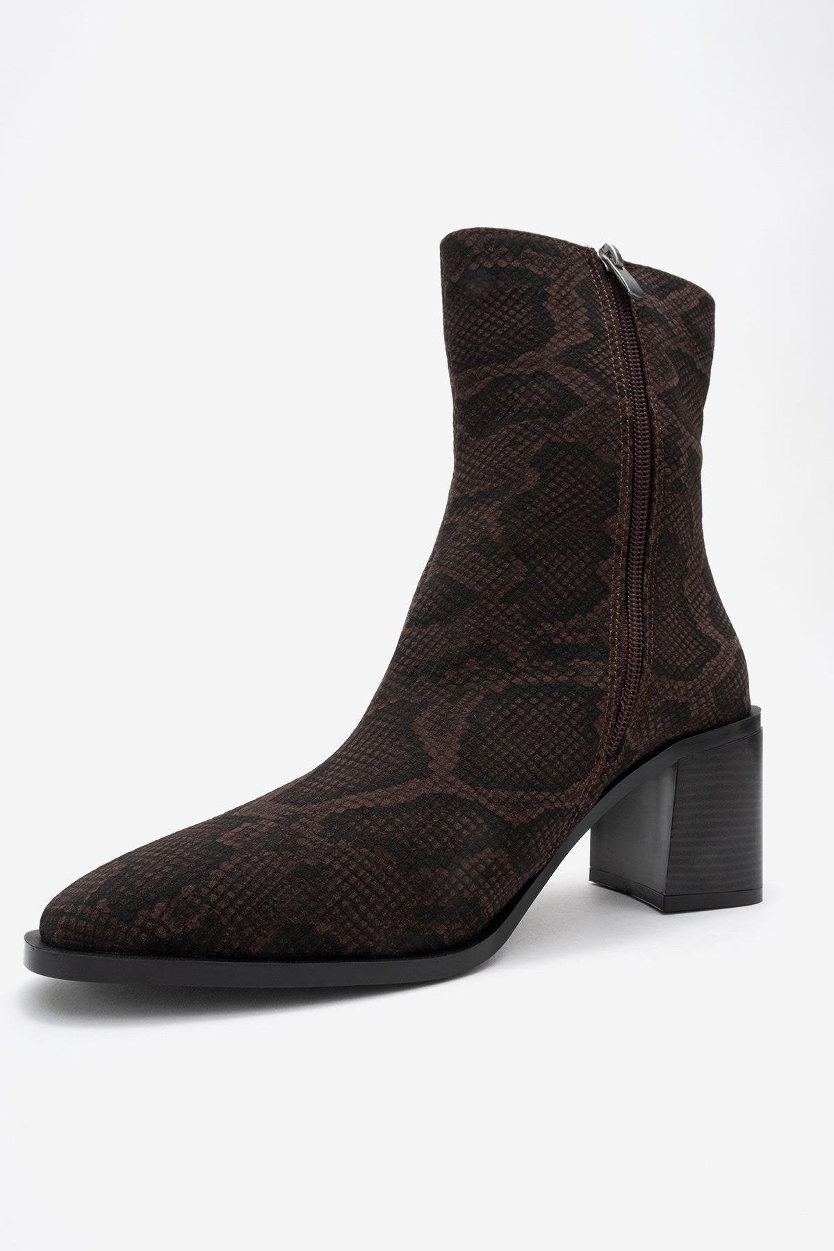 Chara - Brown Patterned Block Heel Boot – heel view showing leather, red, Vowalisse