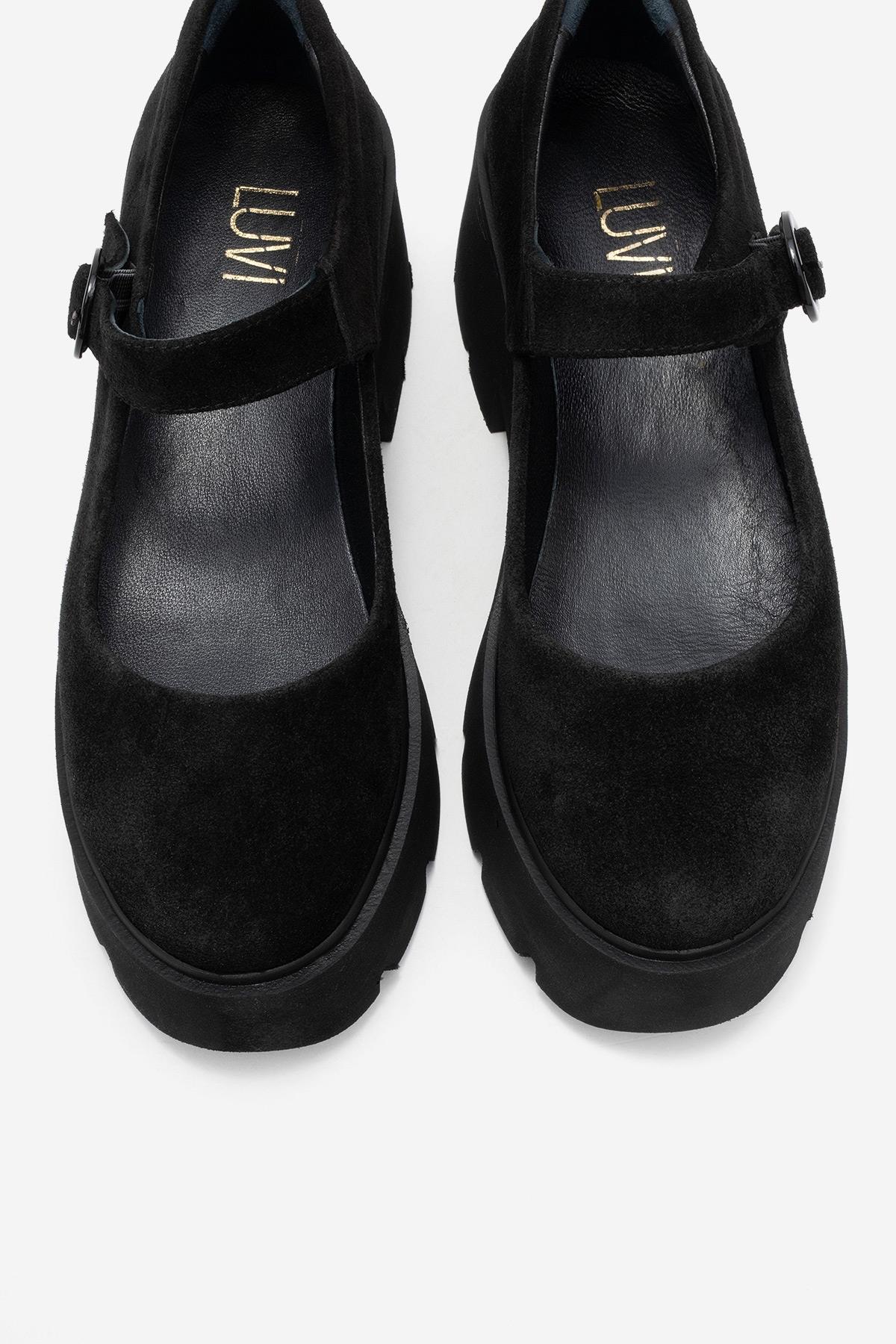 Orina - Black Suede Genuine Leather Platform Casual Shoe – side view showing leather, suede, black, Vowalisse