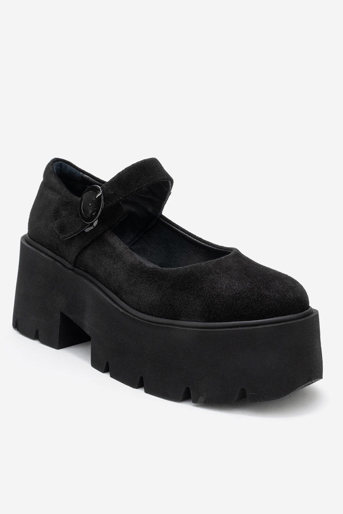 Orina - Black Suede Genuine Leather Platform Casual Shoe – detail view showing leather, suede, black, Vowalisse