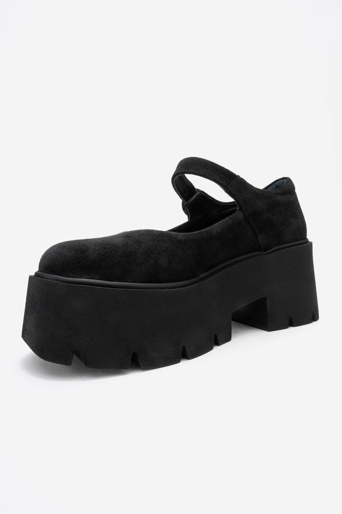 Orina - Black Suede Genuine Leather Platform Casual Shoe – heel view showing leather, suede, black, Vowalisse