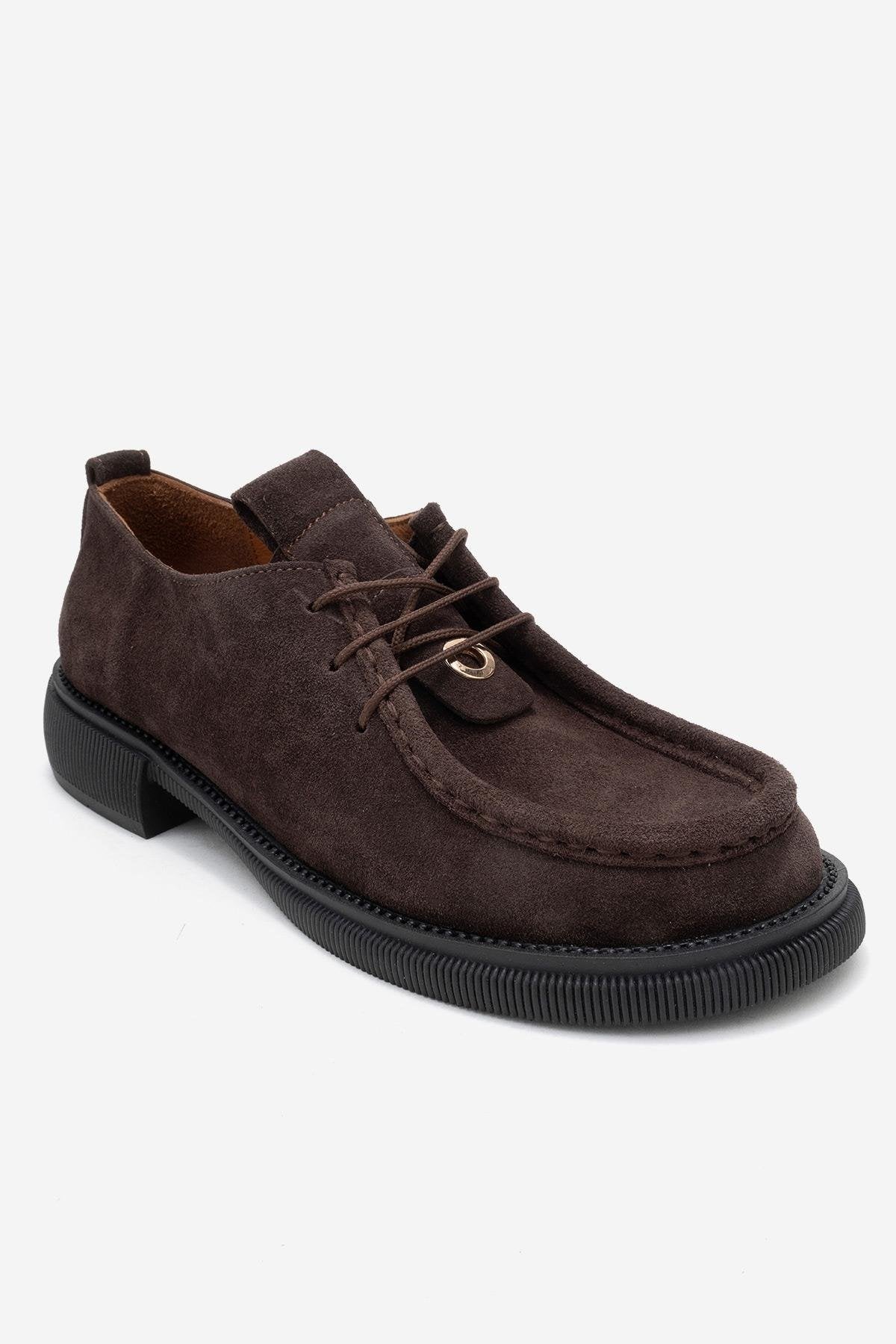 Band - Brown Suede Genuine Leather Lace-Up Loafer – detail view showing lace, leather, suede, Vowalisse