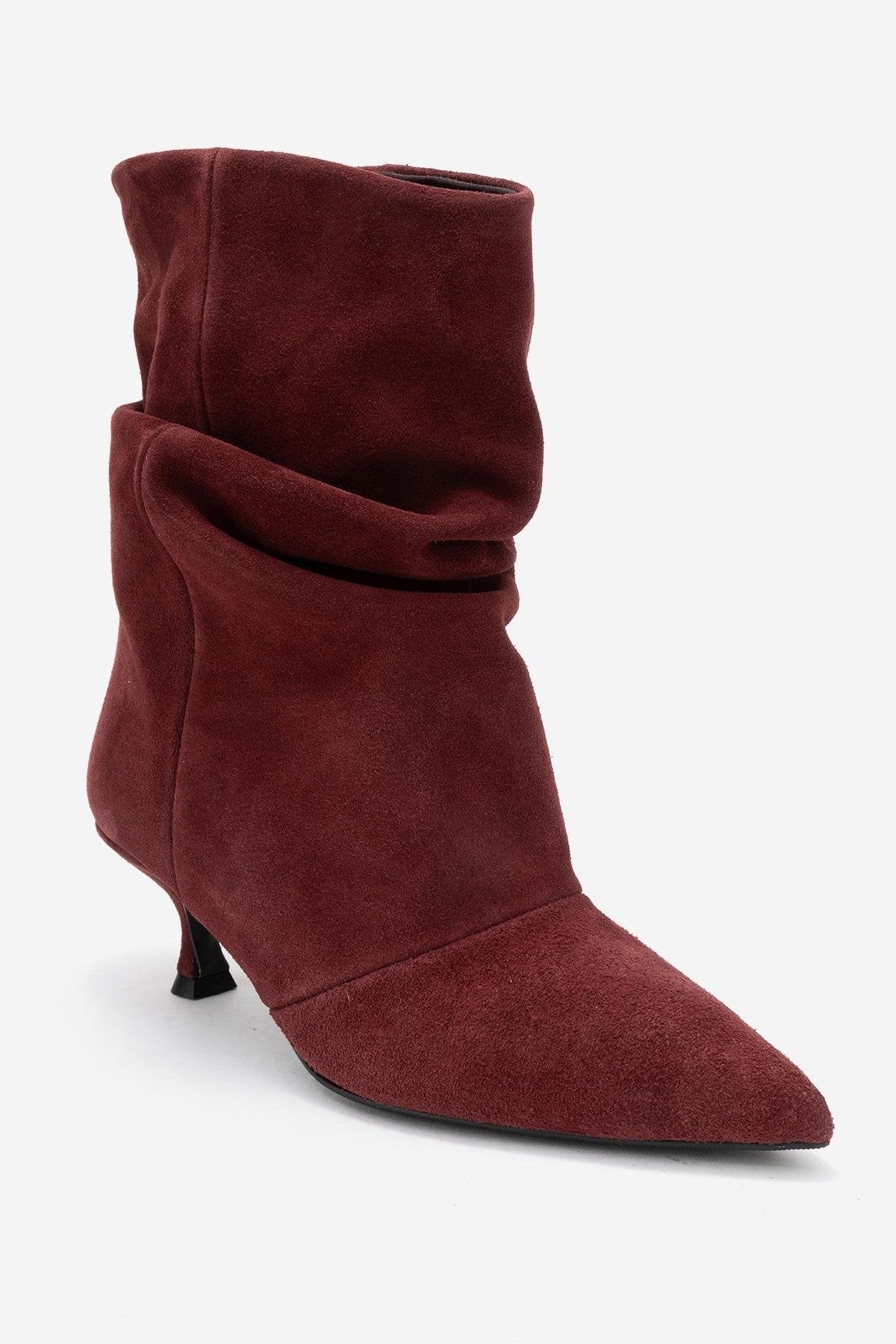 Balei - Burgundy Suede Genuine Leather Short Heel Boot – detail view showing leather, suede, Vowalisse
