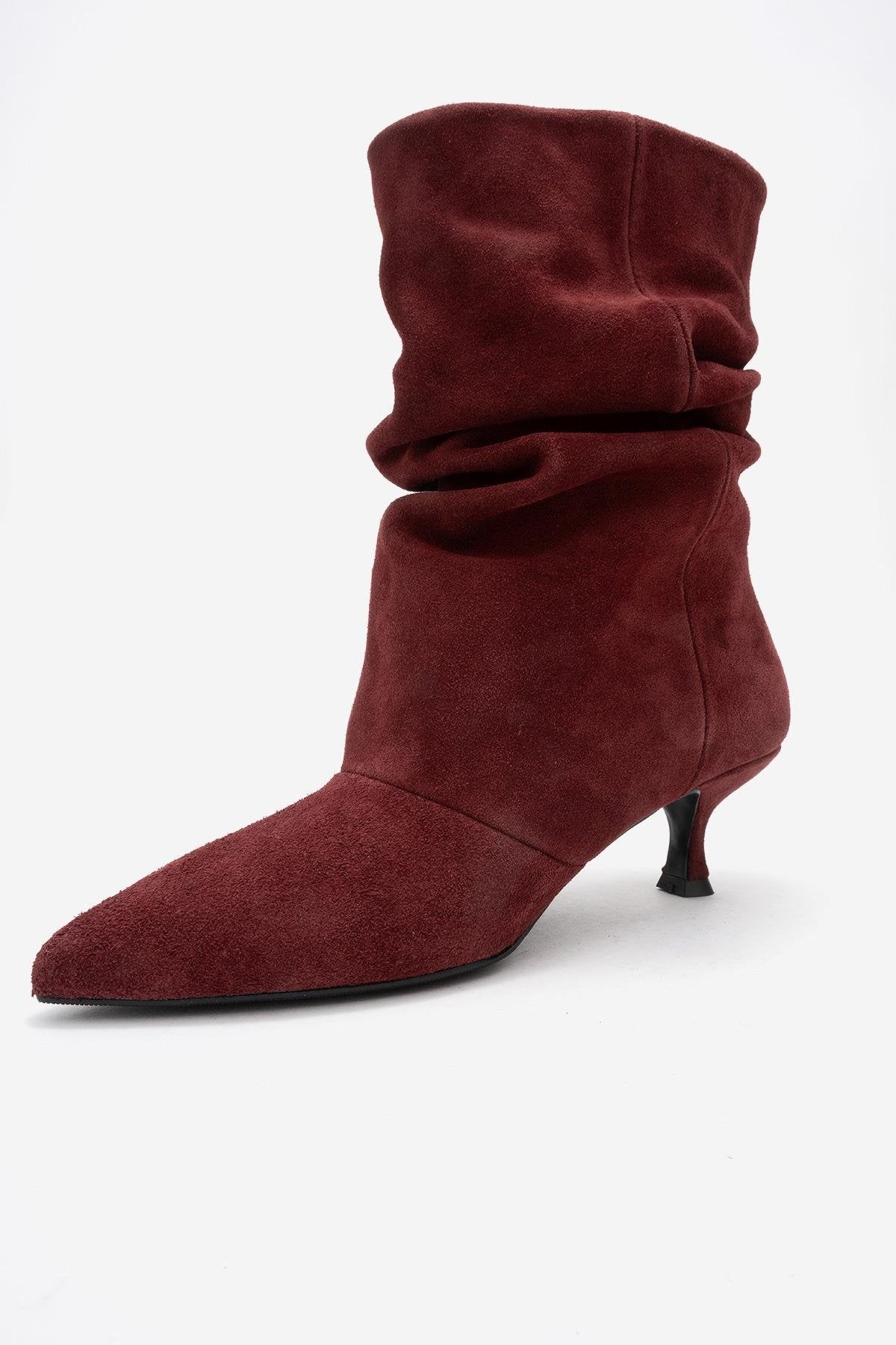 Balei - Burgundy Suede Genuine Leather Short Heel Boot – heel view showing leather, suede, Vowalisse