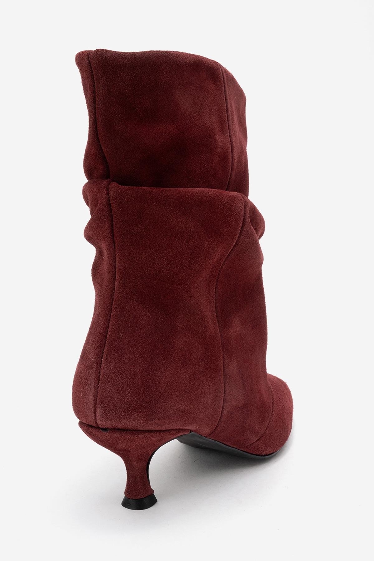 Balei - Burgundy Suede Genuine Leather Short Heel Boot – back view showing leather, suede, Vowalisse