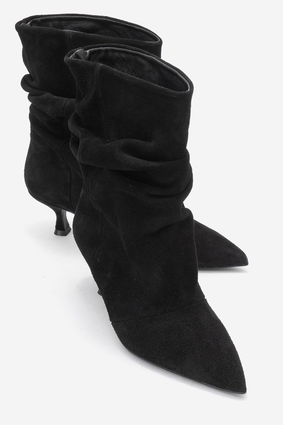 Balei - Black Suede Genuine Leather Short Heel Boot – front three-quarter view showing leather, suede, black, Vowalisse