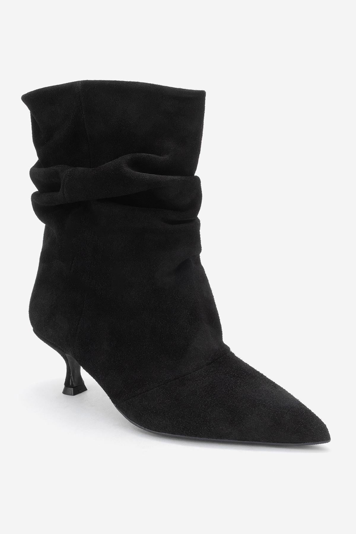 Balei - Black Suede Genuine Leather Short Heel Boot – detail view showing leather, suede, black, Vowalisse