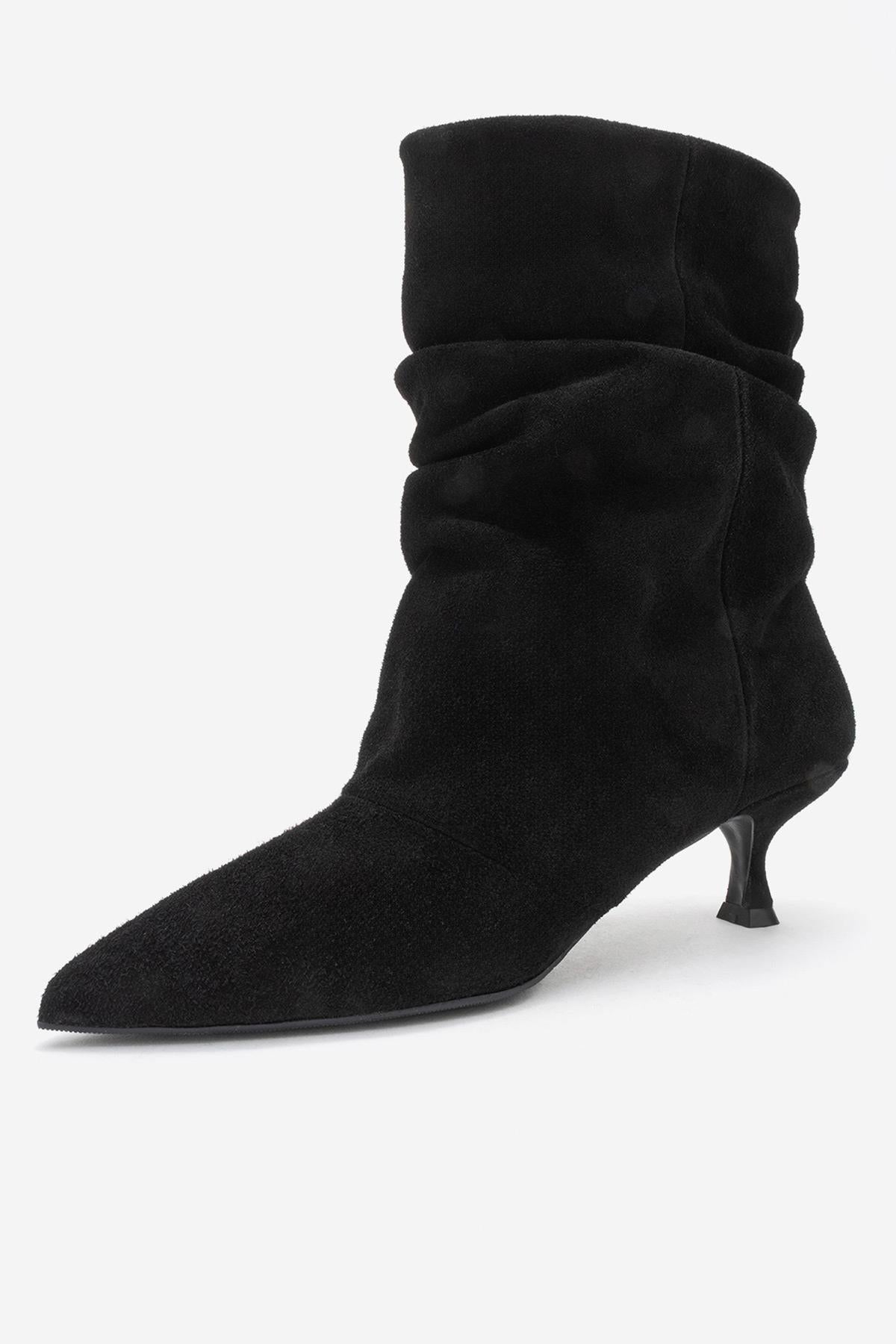 Balei - Black Suede Genuine Leather Short Heel Boot – heel view showing leather, suede, black, Vowalisse