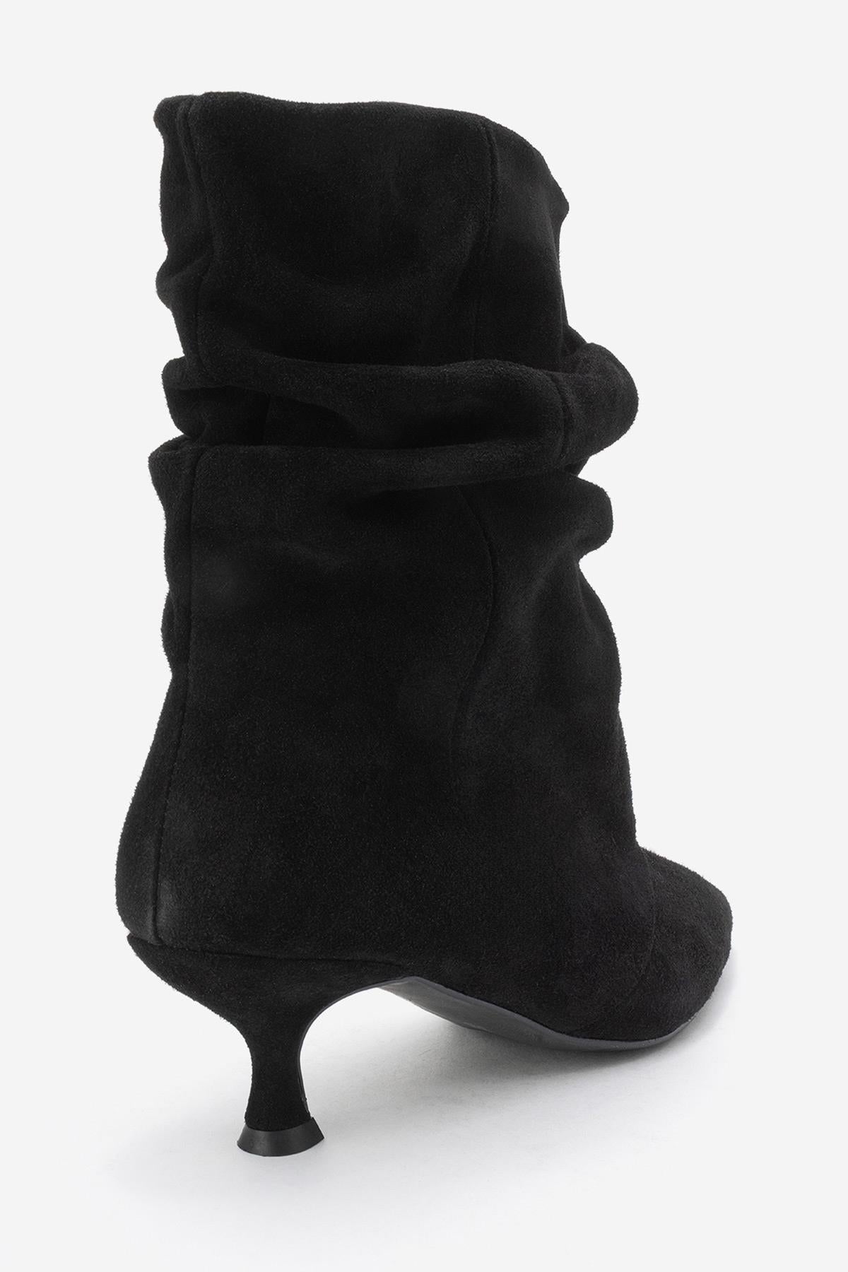 Balei - Black Suede Genuine Leather Short Heel Boot – back view showing leather, suede, black, Vowalisse