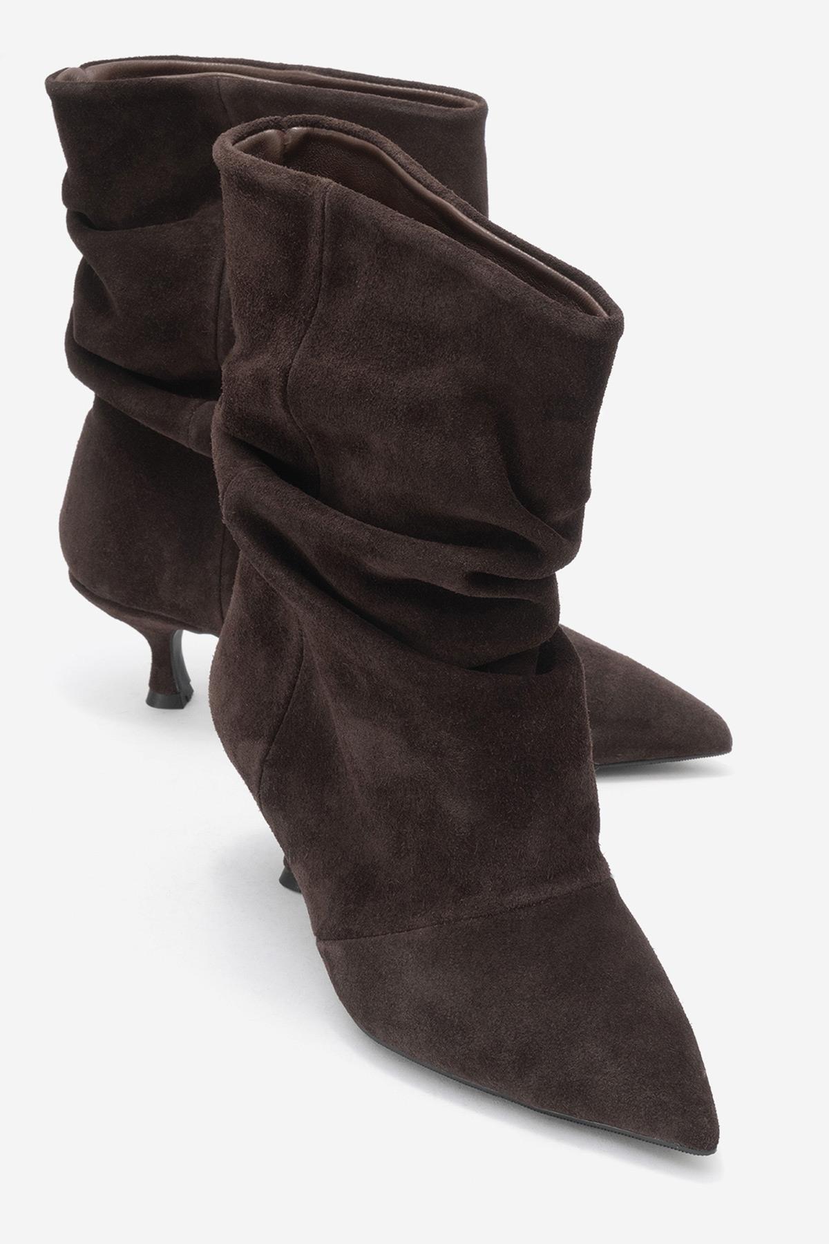 Balei - Brown Suede Genuine Leather Short Heel Boot – front three-quarter view showing leather, suede, Vowalisse