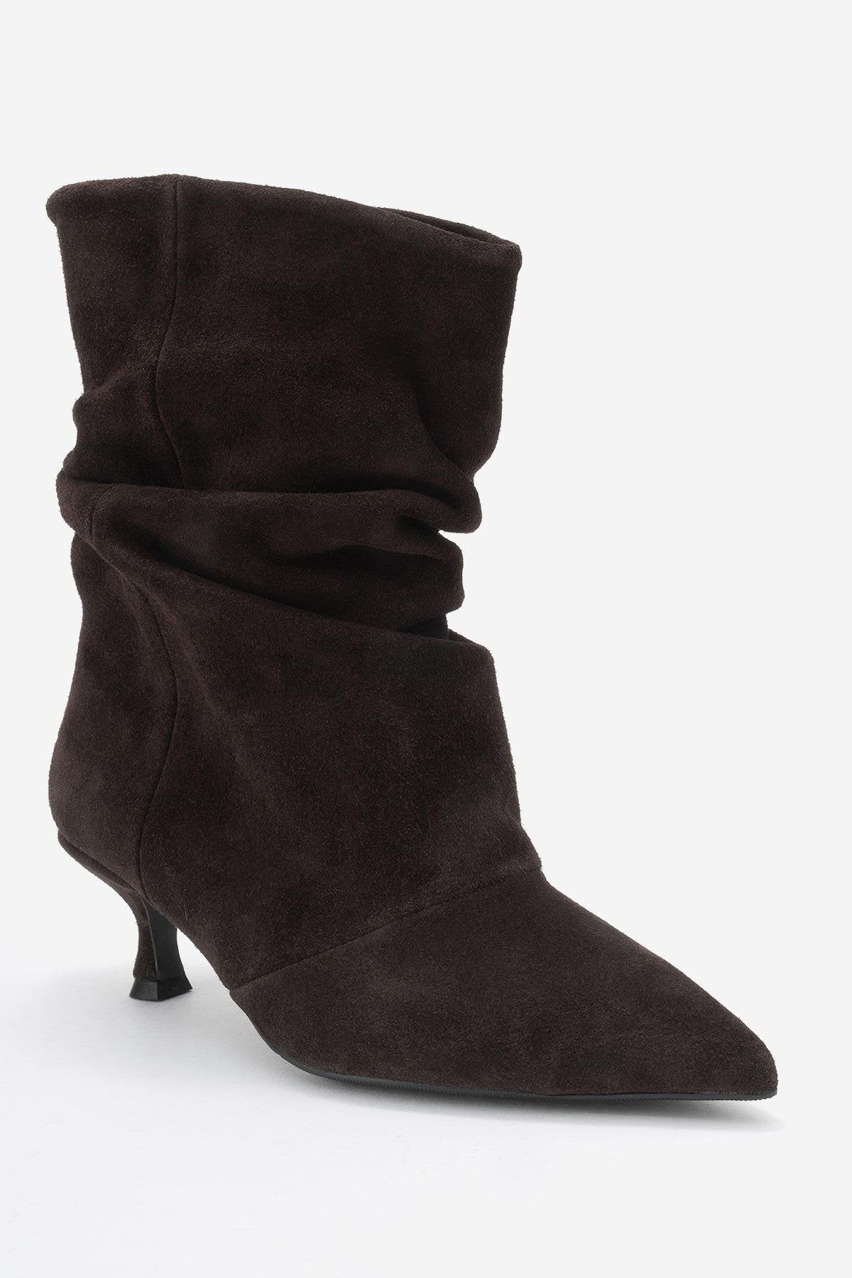 Balei - Brown Suede Genuine Leather Short Heel Boot – detail view showing leather, suede, Vowalisse