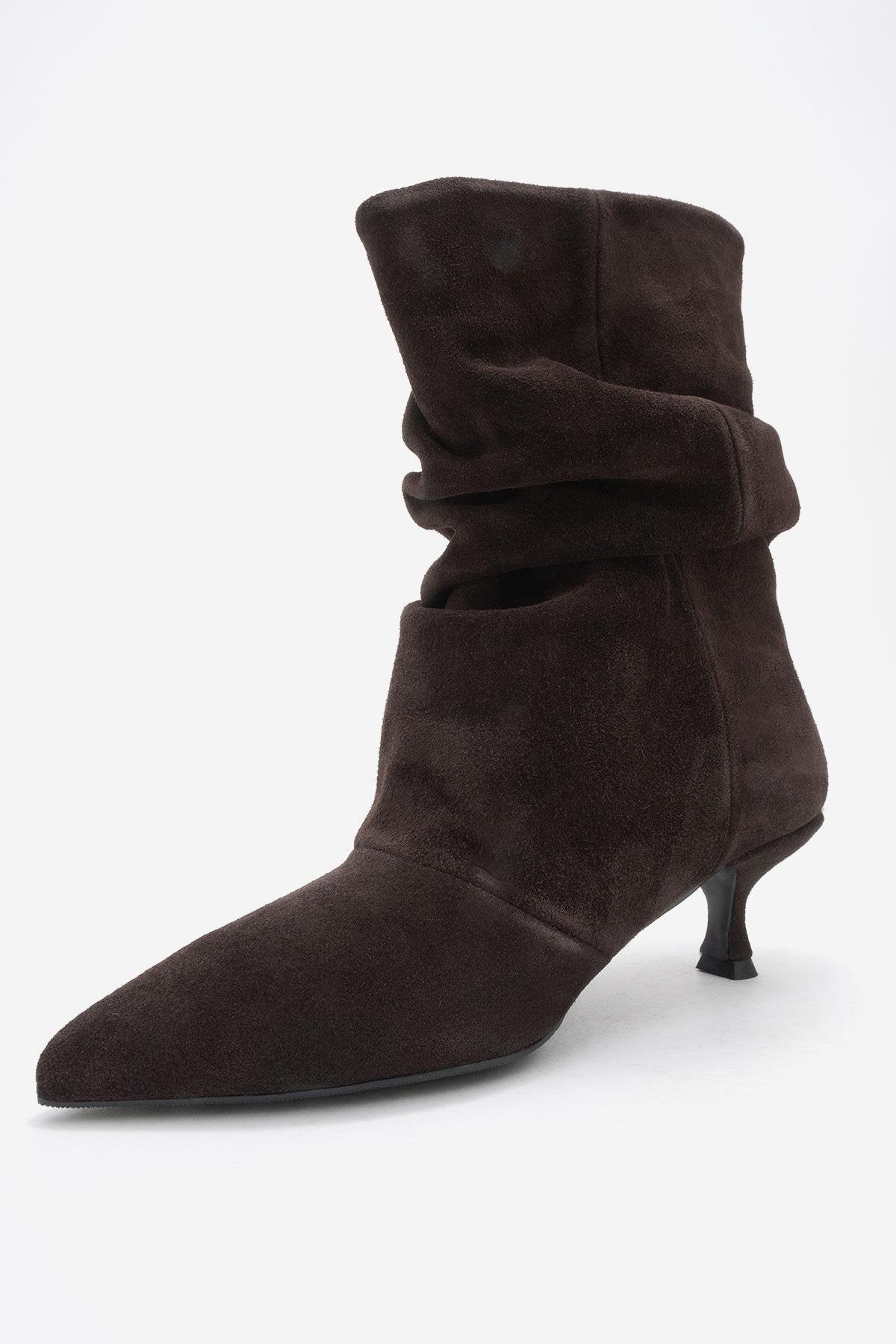 Balei - Brown Suede Genuine Leather Short Heel Boot – heel view showing leather, suede, Vowalisse
