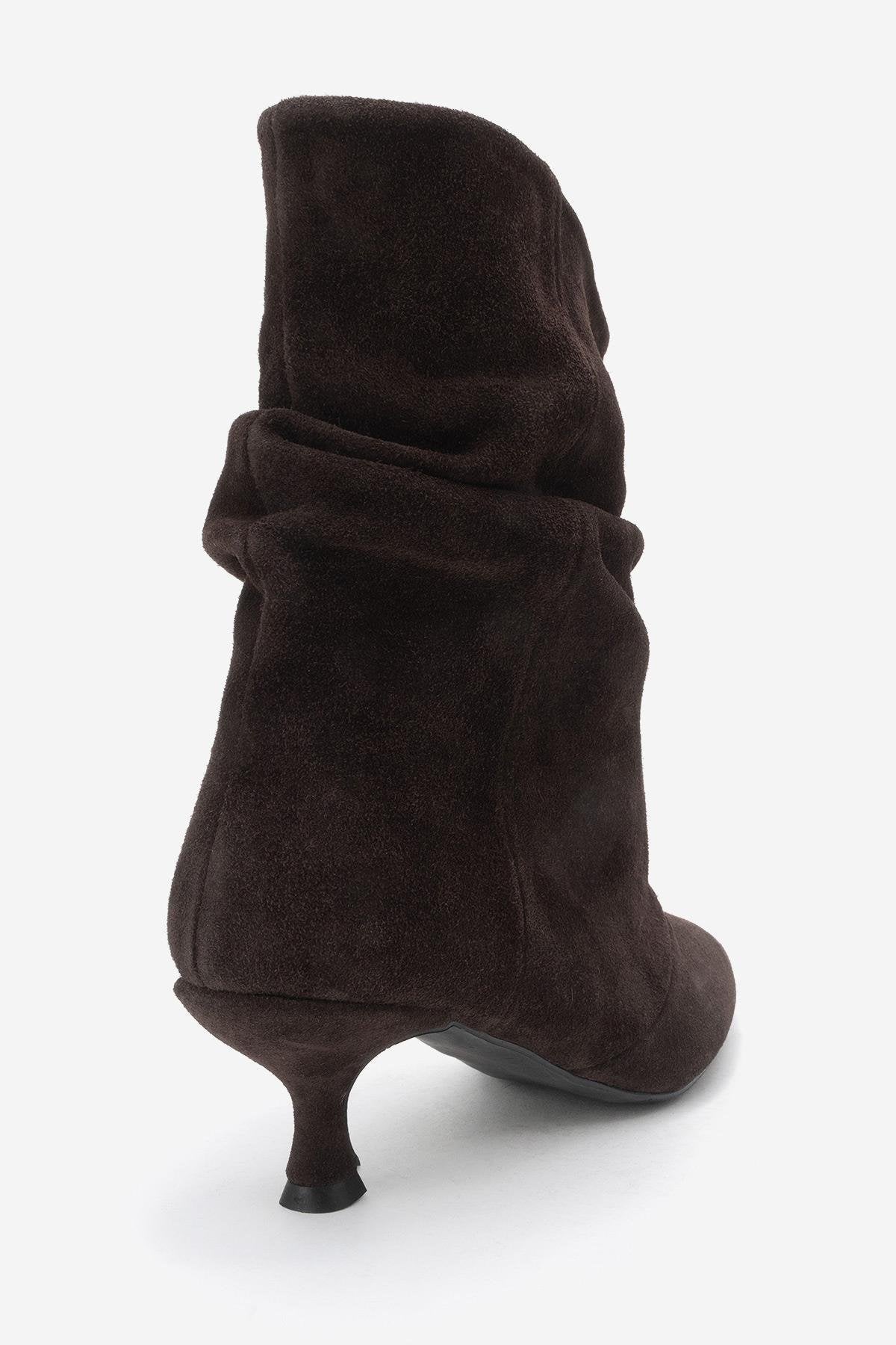 Balei - Brown Suede Genuine Leather Short Heel Boot – back view showing leather, suede, Vowalisse