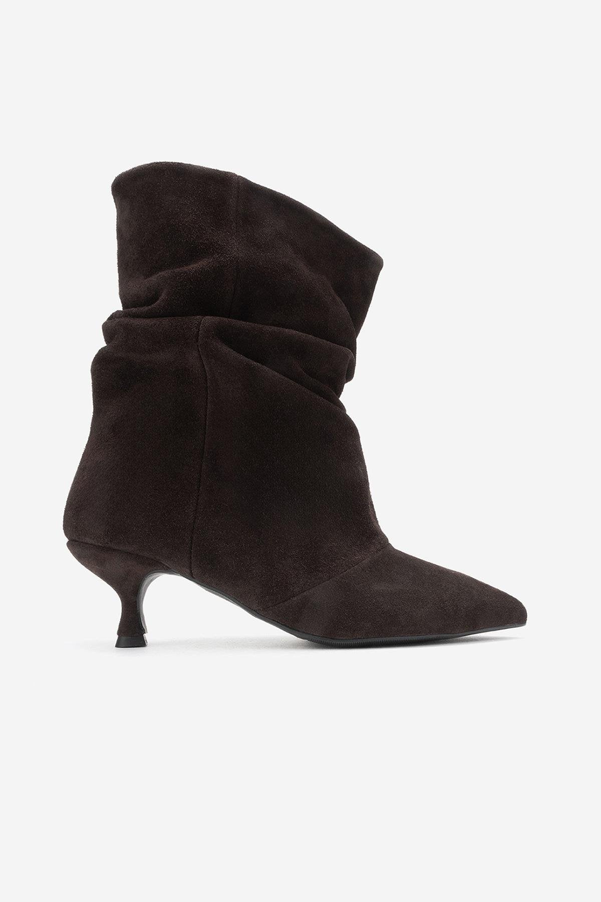 Balei - Brown Suede Genuine Leather Short Heel Boot – sole view showing leather, suede, Vowalisse
