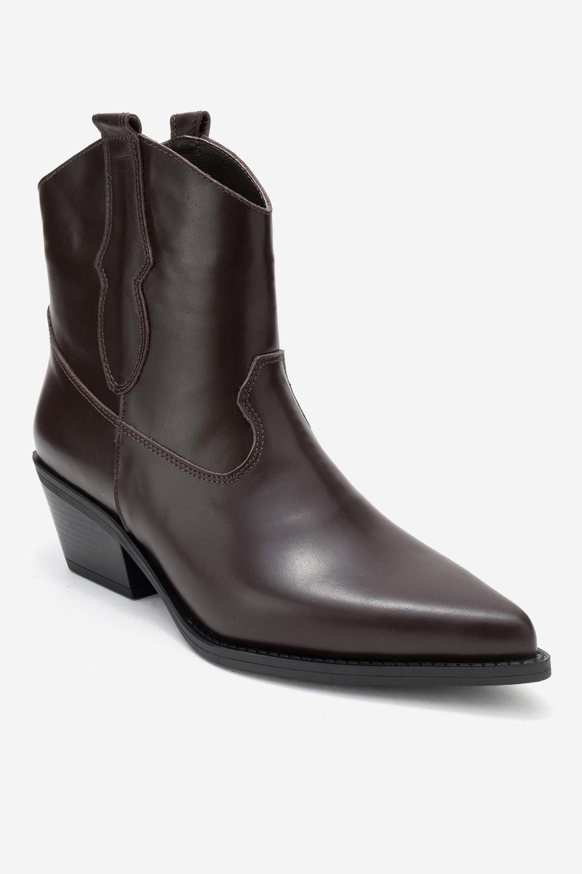 Elia - Brown Genuine Leather Western Boot – detail view showing leather, red, Vowalisse