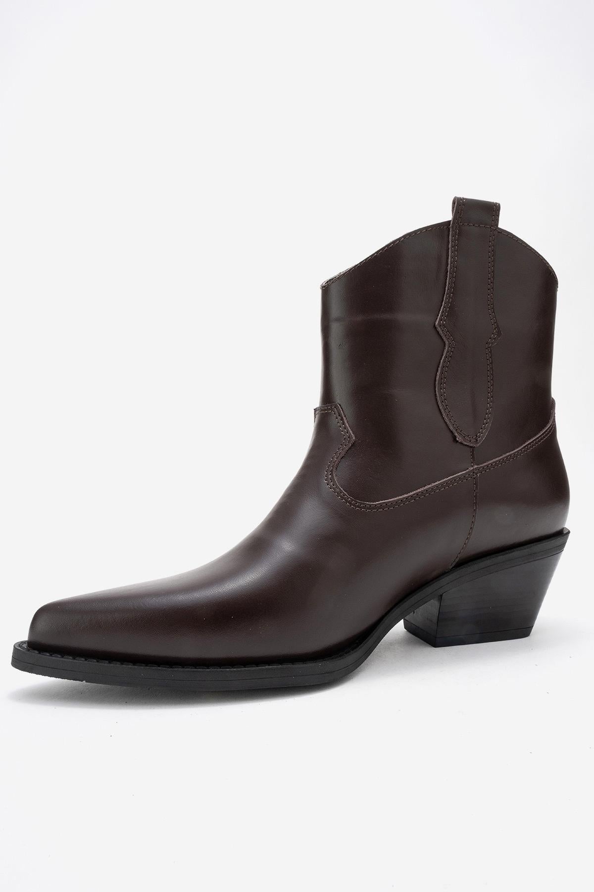 Elia - Brown Genuine Leather Western Boot – heel view showing leather, red, Vowalisse
