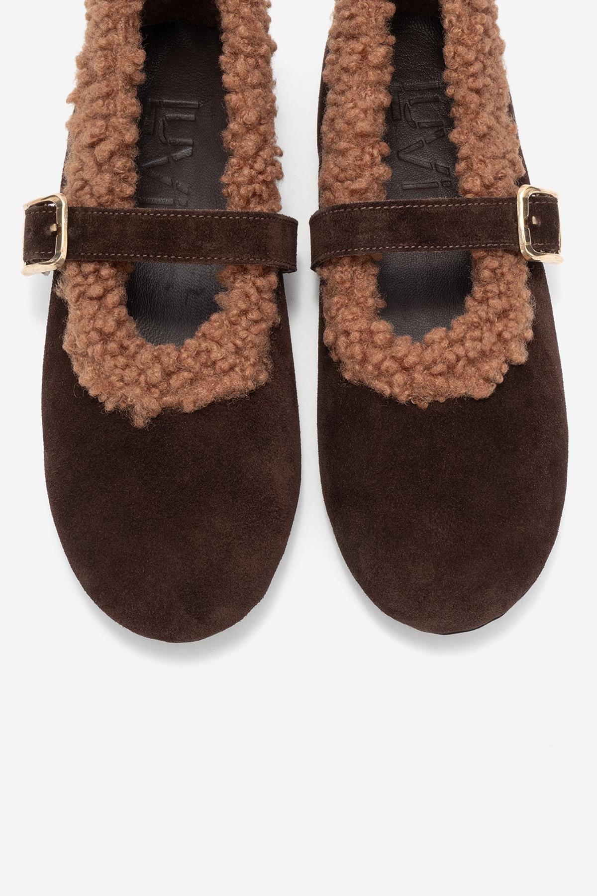 Guin - Brown Suede Genuine Leather Buckle Ballet Flat – side view showing leather, suede, Vowalisse