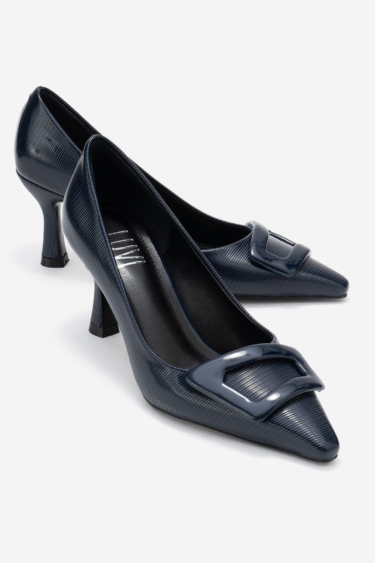 Astra - Navy Striped Buckle Pump – front three-quarter view showing leather, red, Vowalisse